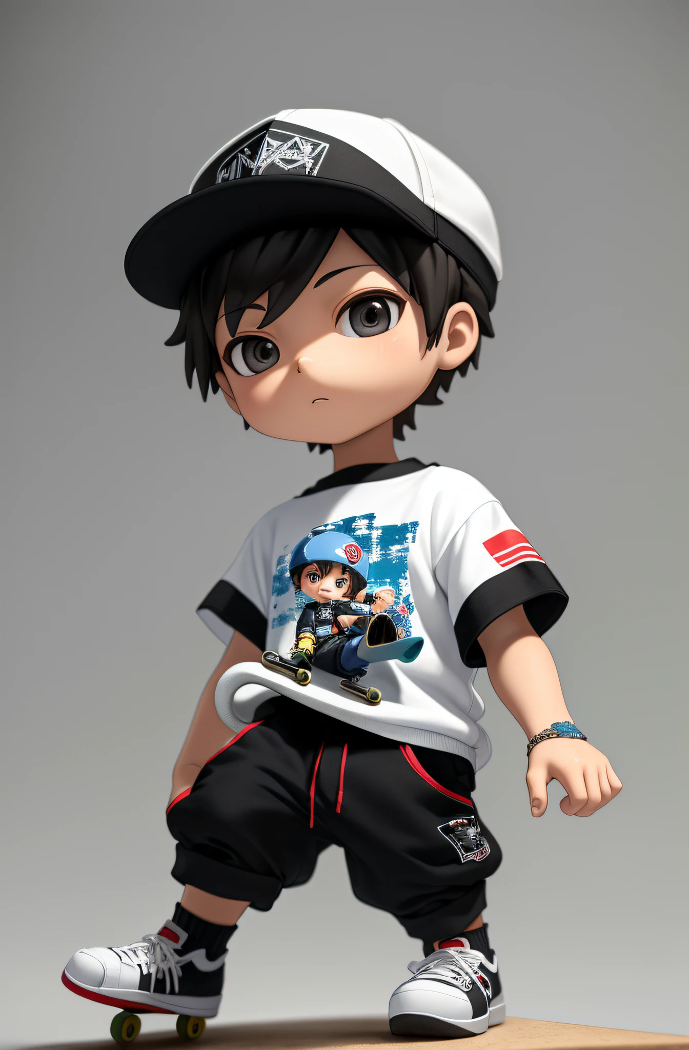skateboarding little boy, fashion trend dressup, cool look, ((best quality)), ((masterpiece)), ( extreme detail, highest detail, official art, beauty and aesthetics:1.2), depth of field, composition, full body, (chibi), clean background, 3D clay rendering, cool hairstyle.