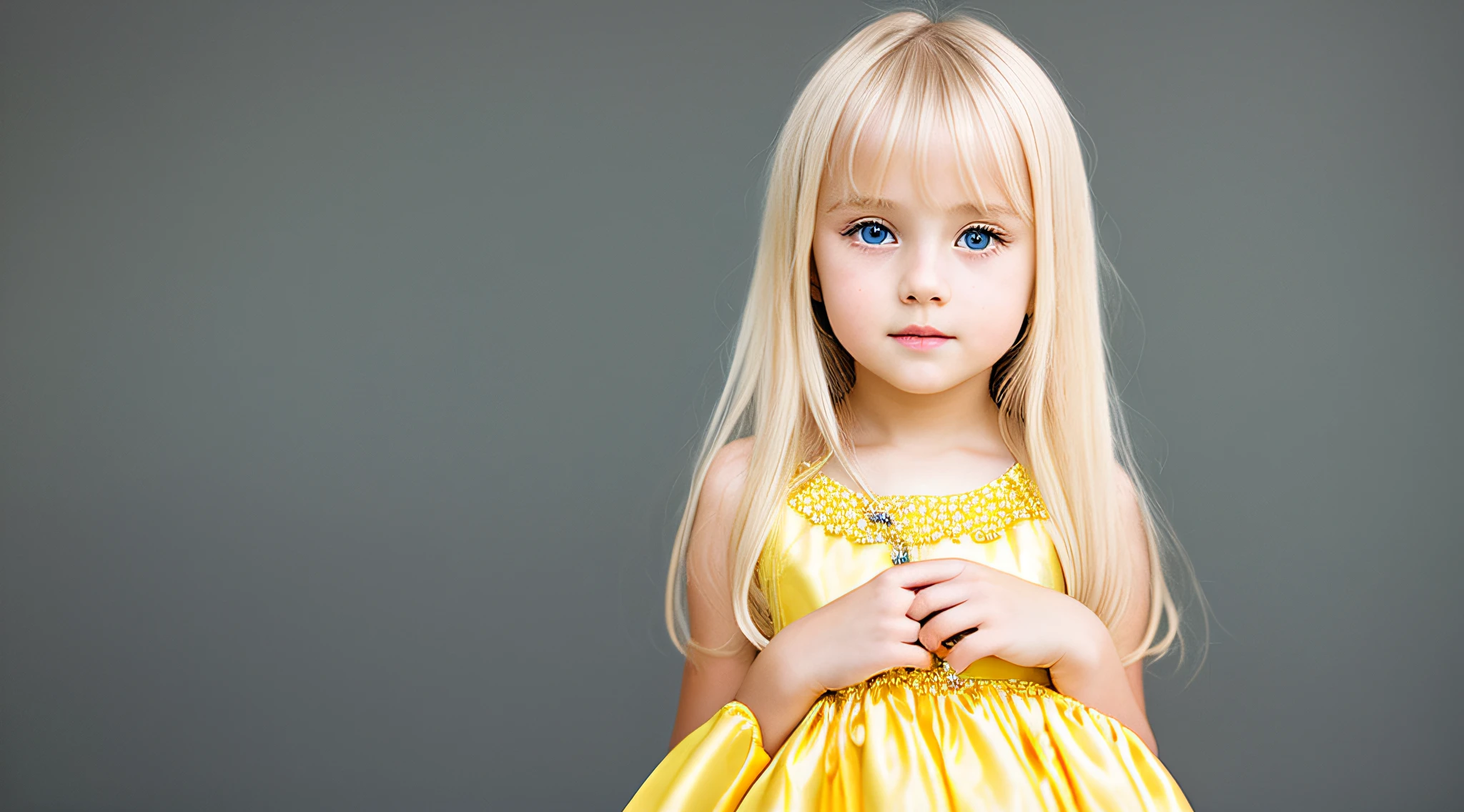 BLONDE girl, golden eyes, platinum hair girl, pearl brooch in hair, YELLOW BACKGROUND.