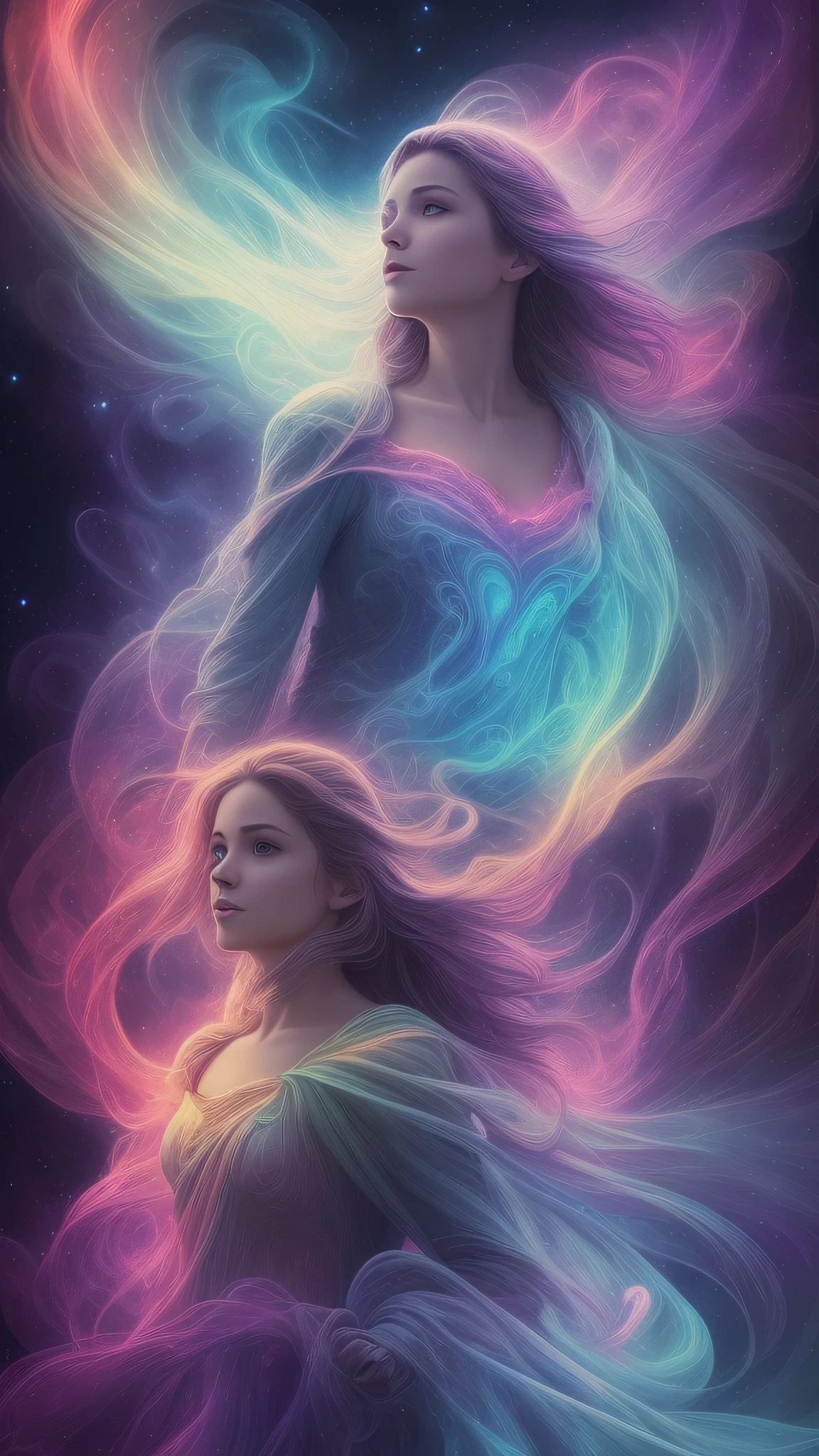 inconceivable and spectacular a scene of emergence of a figure from the glowing cloud, fractal nebula threads, cosmic entities, celestial, cosmic, vibrant and vivid, swirls, twirling, unrealistic, high contrast, symobolism, magical, mystical, mystifying, hyperrealistic, oversaturate, colorfully