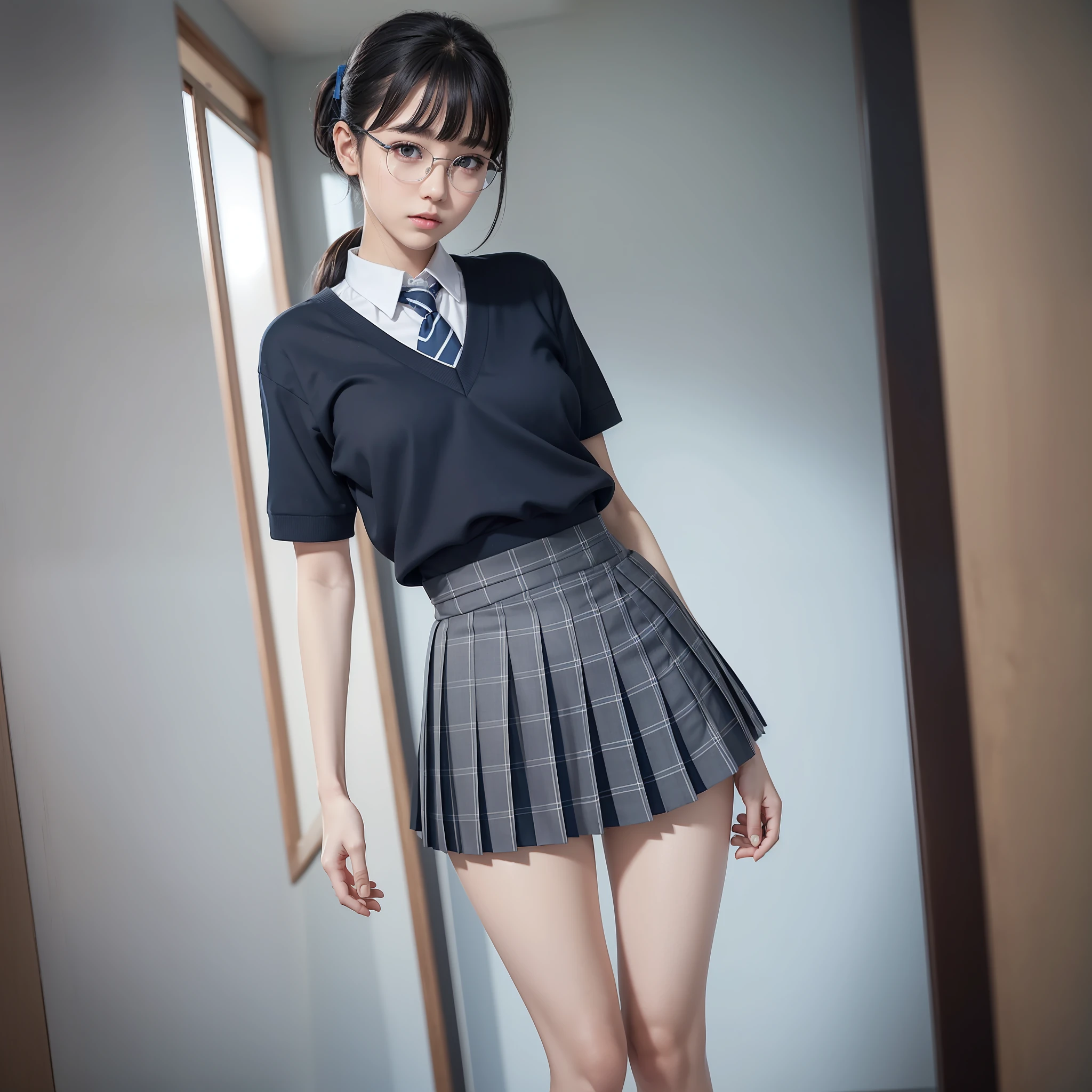 ((Absolutely one woman)),((One girl)),((One girl)),Standing,Knees spread,Raw photo, Candid, Narrow eyes,Full body,Black pantyhose,Textured skin,Blue panties fully visible,Blue tie,Short ponytail、Bangs about eyebrows,(Medium hair:1.2),Looking at viewer,Raw photo, pale skin, Japan person, glasses, small, young, tall, dark look, bright black eyes, anger, school uniform, school pleated skirt, blue and dark blue grey silver checked skirt dark blue× blue check, slender body, medium build, small waist, wide thighs, photorealistic, best quality, 8k, masterpiece