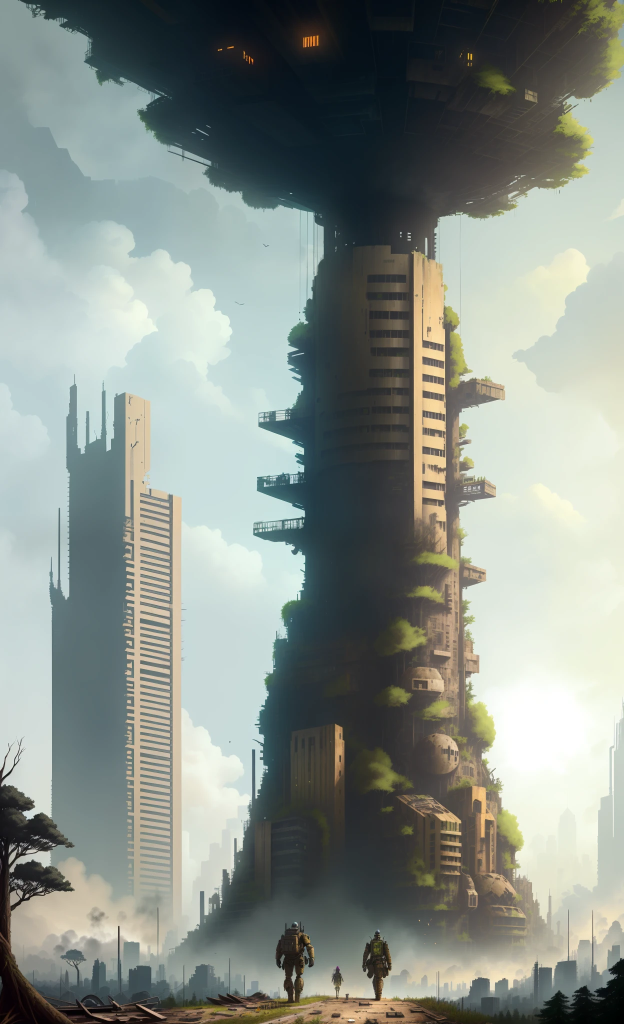 recycled scraps, gunpowder age, dystopian aesthetic, steampunk city,  destroyed, abandoned, big colorful trees, deep forest around you. Several buildings rise to the sky. deep forest rises in the background, cyborg and peaple walk through the city, chiaoroscuro