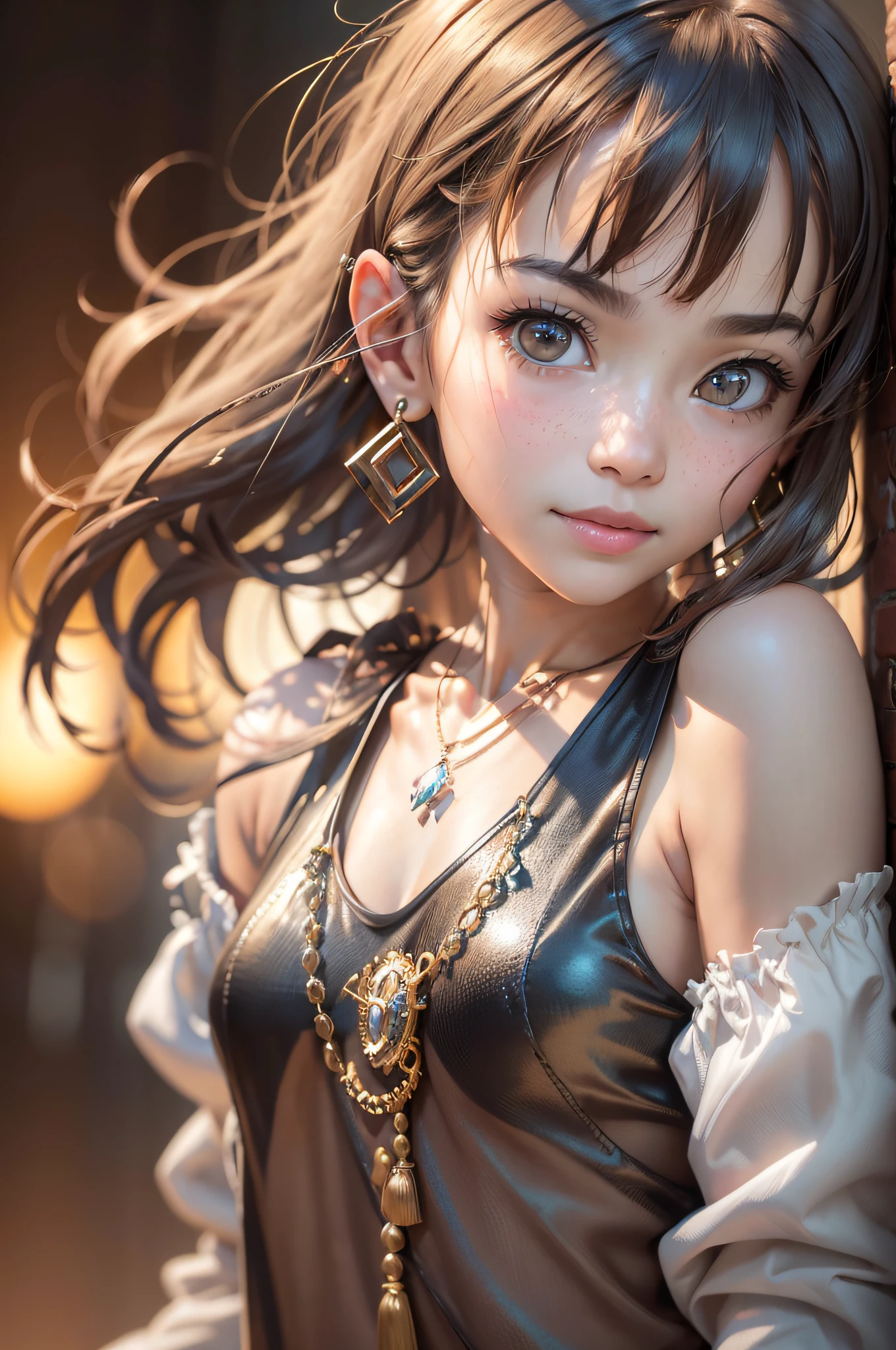 8k,(RAW photo),(best quality), (photo-realistic:1.4),realistic skin texture 1girl,Cute,Double eyelid,bangs,full body,petite,Thin leg,(Slender figure),slim,smile,headgear,earrings,necklace,looking at looking at viewer,face focus,depth of field,club ,(Bust Up Shot:1),Bokeh,, --auto --s2