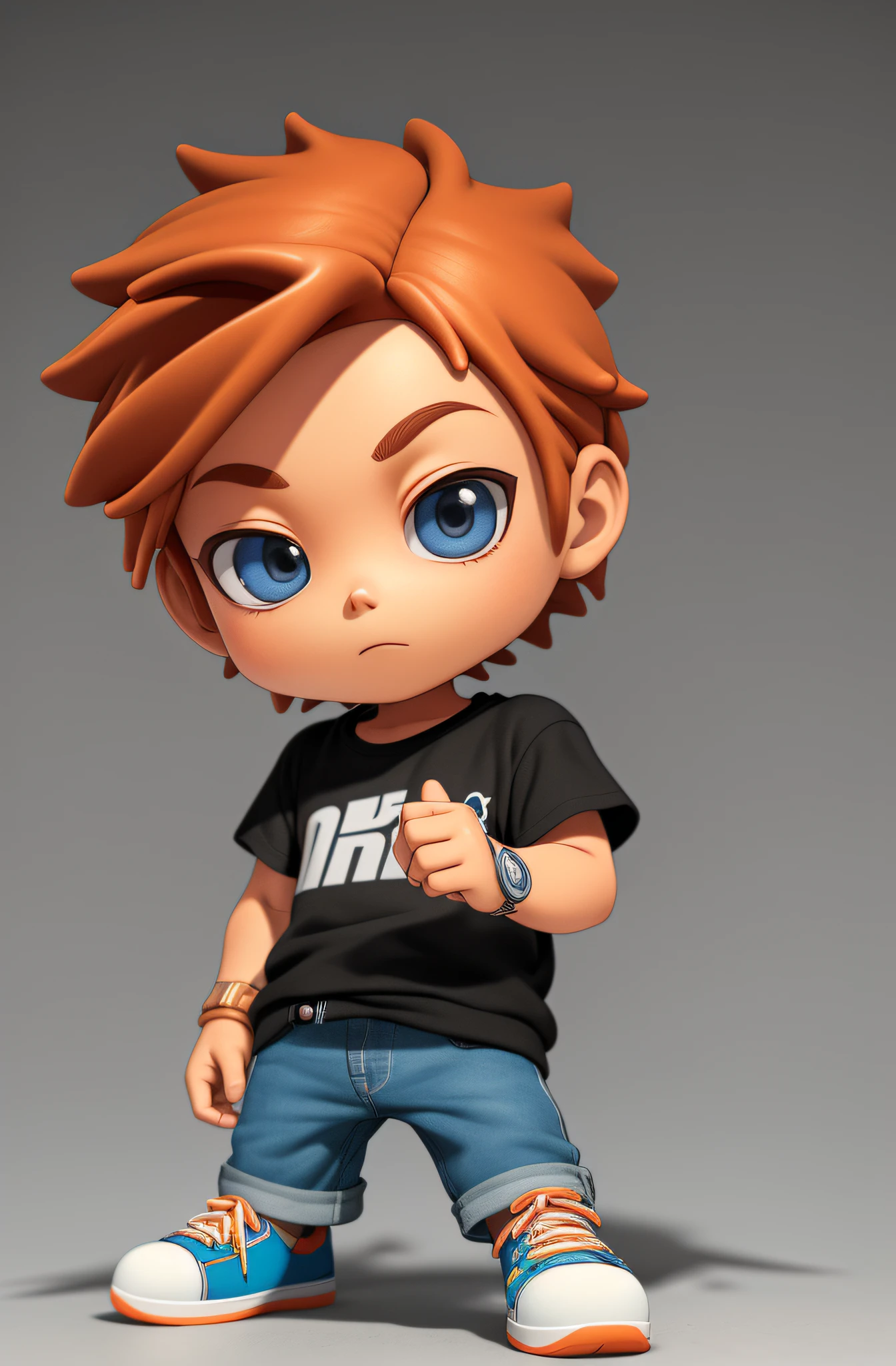 skateboarding boy, fashion trend, handsome look, ((best quality), ((masterpiece)), ( extreme detail, highest detail, official art, beauty and aesthetics:1.2), depth of field, composition, full body, (chibi), clean background, 3D clay rendering, Pixar style.