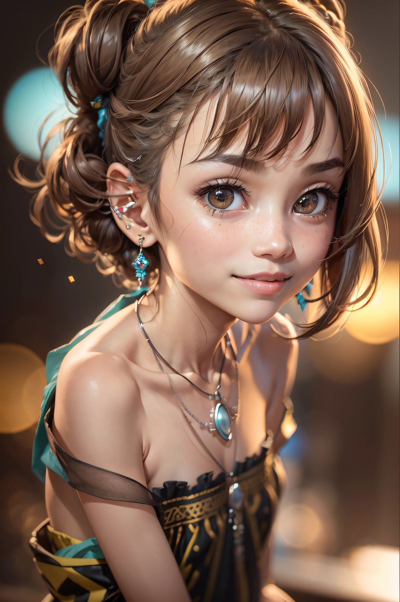 8k,(RAW photo),(best quality), (photo-realistic:1.4),realistic skin texture 1girl,Cute,Double eyelid,bangs,full body,petite,Thin leg,(Slender figure),slim,smile,headgear,earrings,necklace,looking at looking at viewer,face focus,depth of field,club ,(Bust Up Shot:1),Bokeh,, --auto --s2