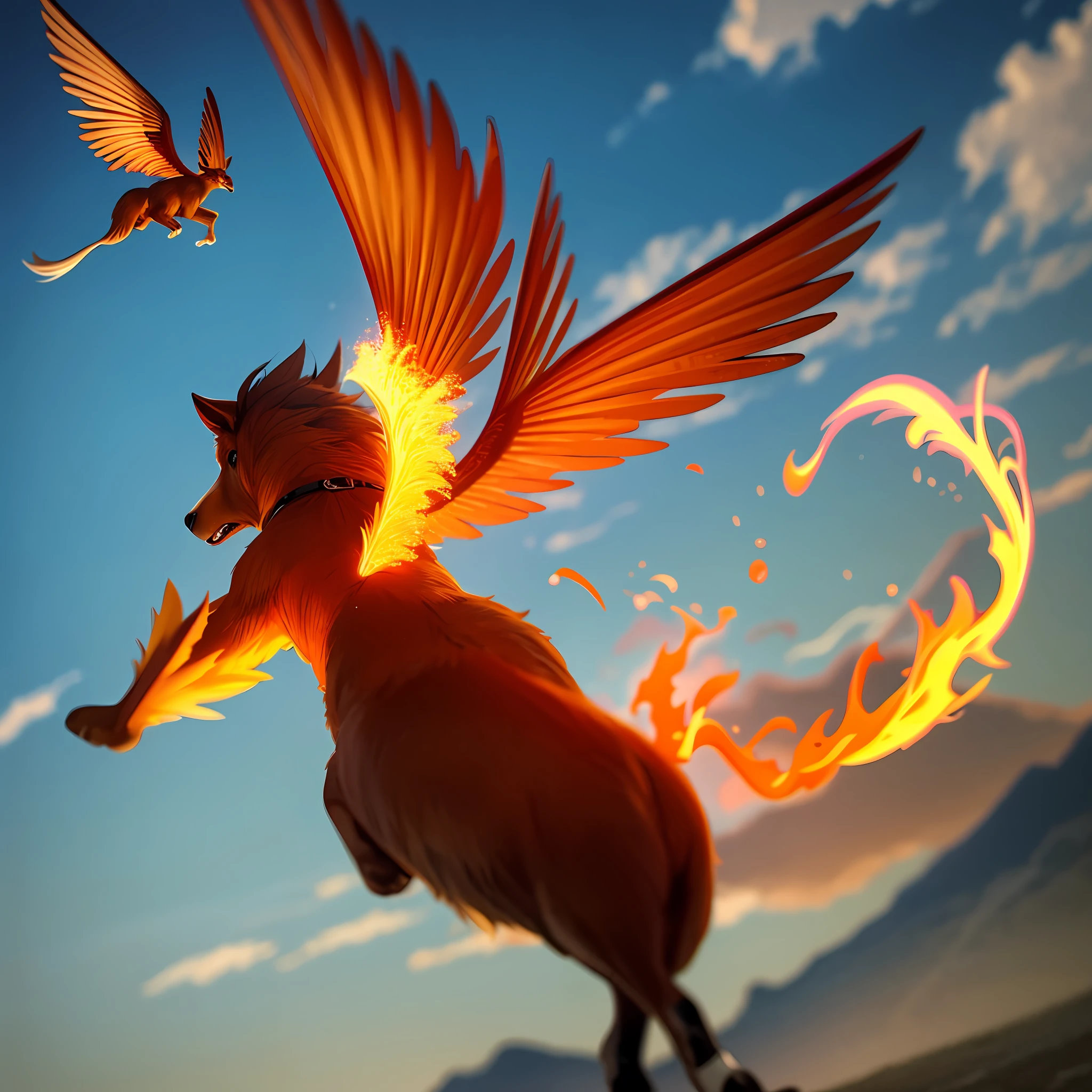 Dog with flaming wings and the aquamen behind