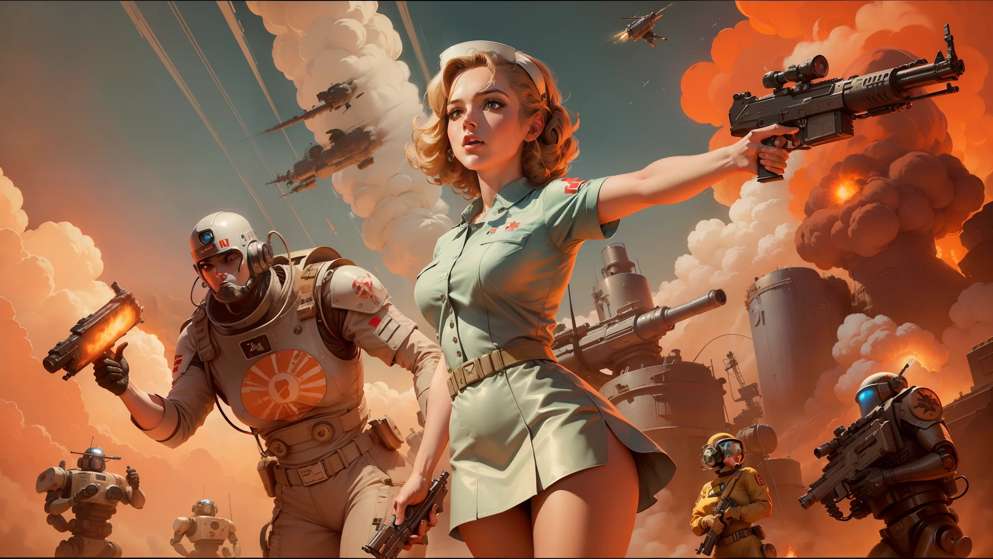 painting of a woman holding a gun in front of a group of robots, in front of a nuclear explosion, beautiful retro art, still from a music video, nurse girl, rampaging, mark schultz, holding a gun, in this painting, by Russell Patterson, winning illustration --auto --s2
