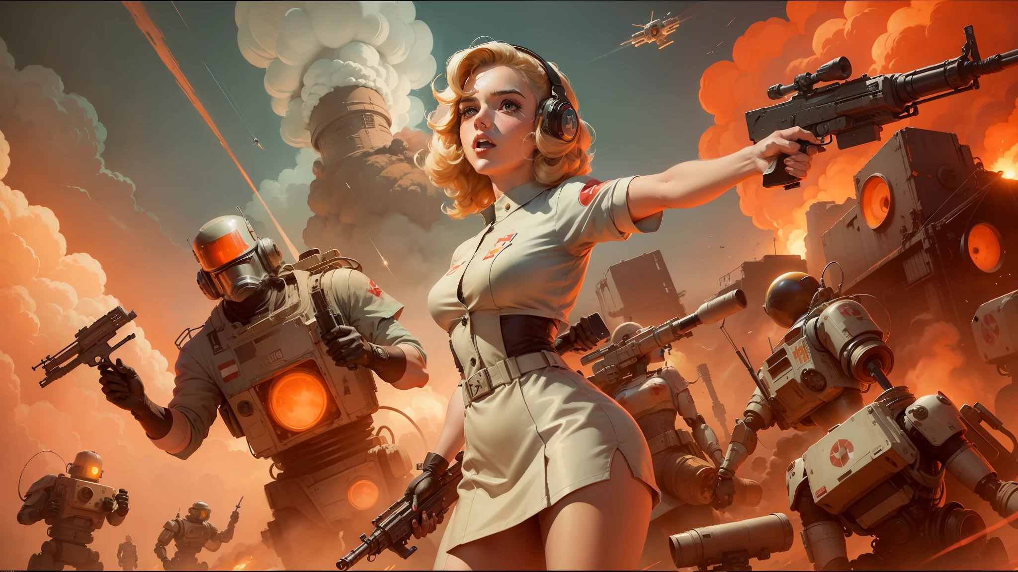painting of a woman holding a gun in front of a group of robots, in front of a nuclear explosion, beautiful retro art, still from a music video, nurse girl, rampaging, mark schultz, holding a gun, in this painting, by Russell Patterson, winning illustration --auto --s2