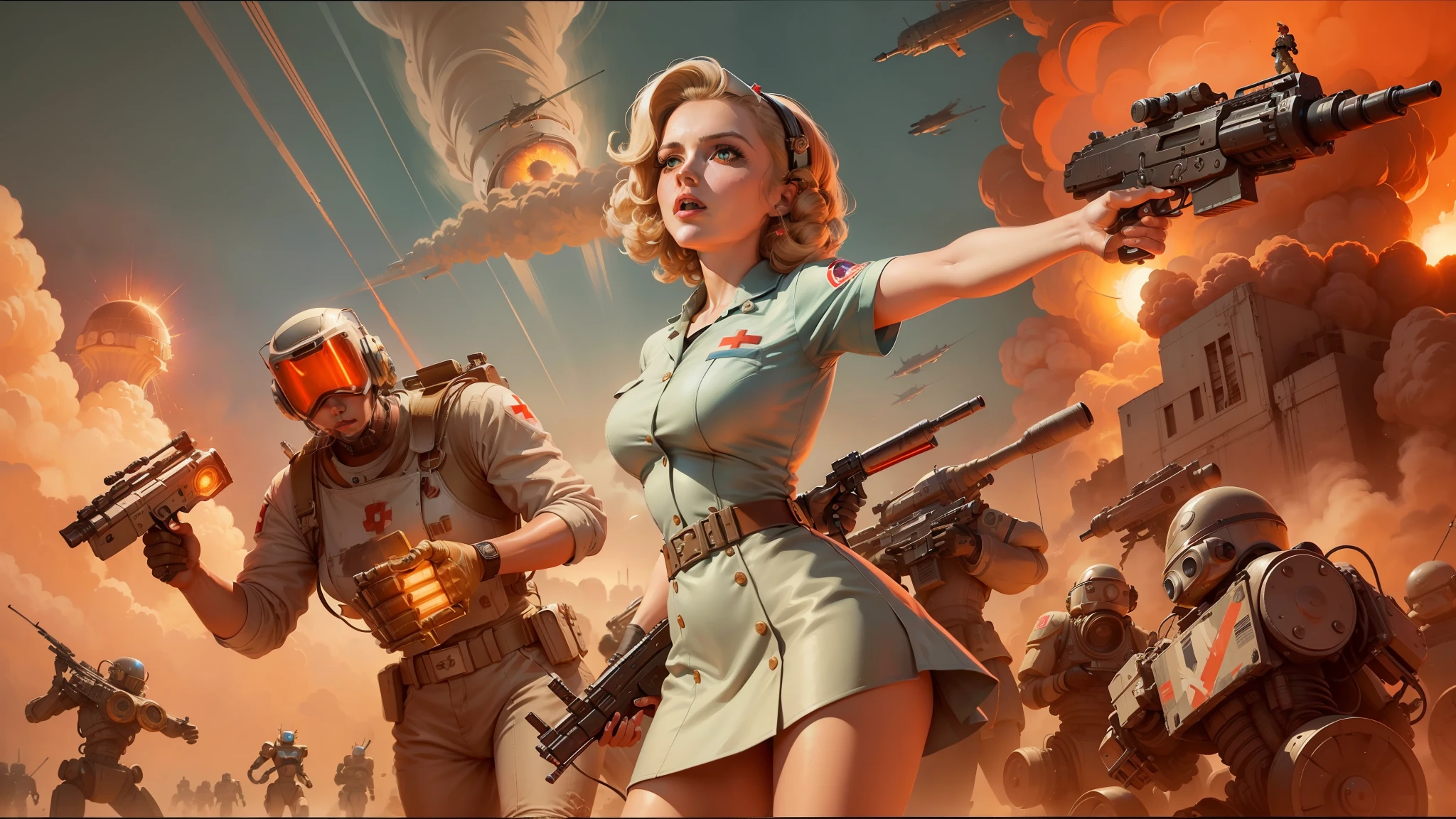 painting of a woman holding a gun in front of a group of robots, in front of a nuclear explosion, beautiful retro art, still from a music video, nurse girl, rampaging, mark schultz, holding a gun, in this painting, by Russell Patterson, winning illustration --auto --s2