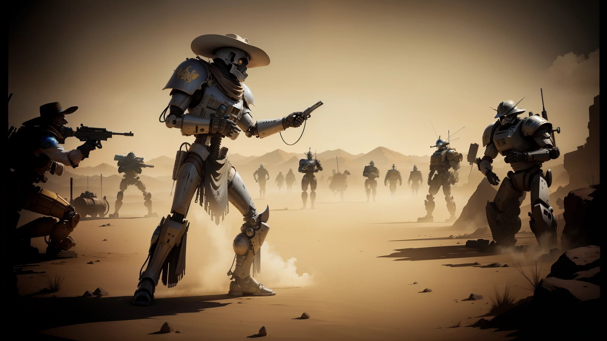 cowboys in a desert with guns and a skeleton, anthropomorphic robot [ thing ], fantasy character photo, actual photo, 2019 trending photo, w 4 0 k, sombrero, mecha asthetic, people fighting, grayscale 1 9 0 0 s picture, discord mod, kit bash, necromunda, a colorized photo, artist rendition --auto --s2