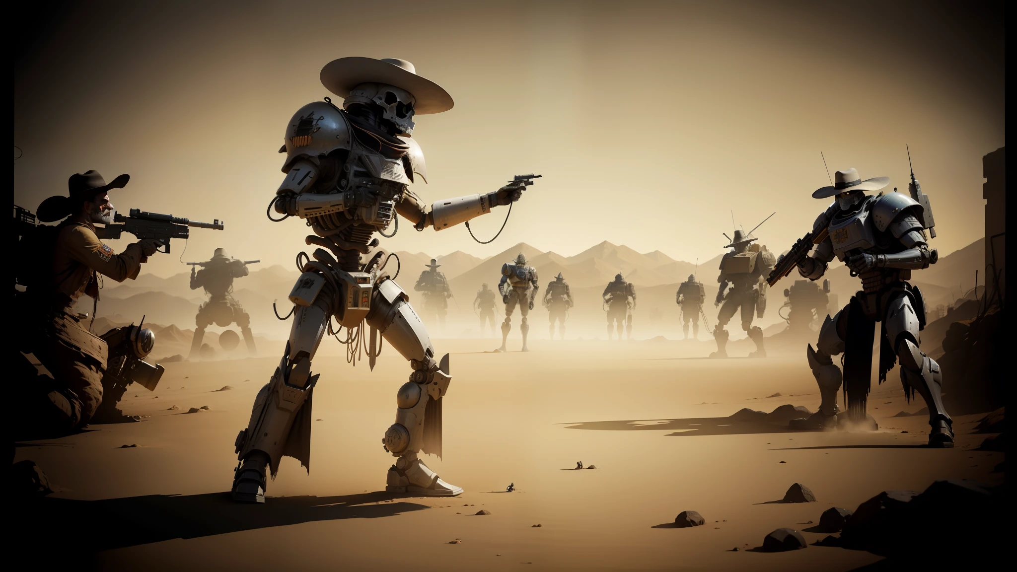 cowboys in a desert with guns and a skeleton, anthropomorphic robot [ thing ], fantasy character photo, actual photo, 2019 trending photo, w 4 0 k, sombrero, mecha asthetic, people fighting, grayscale 1 9 0 0 s picture, discord mod, kit bash, necromunda, a colorized photo, artist rendition --auto --s2