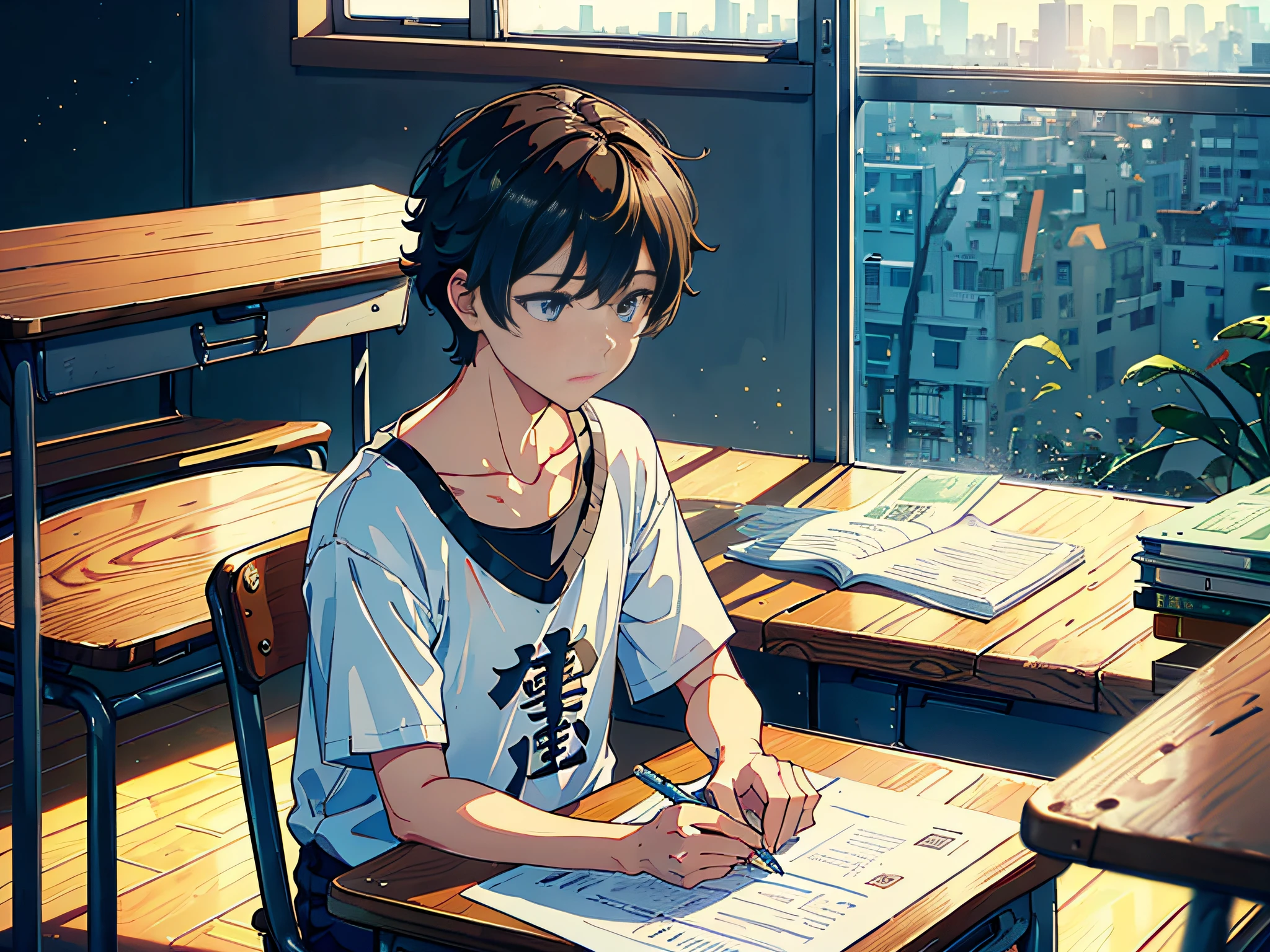 The sun is shining at noon, a boy is sitting in the classroom, (boy 1.5) The man is wearing a white T-shirt, the background is in the classroom, sitting on a chair, sitting on a stool, holding a pen, (there is a test paper 1.5), (Money Falling Down in the Classroom 2.0) (Money Falling Around: 3.0), the lens mainly features the upper body, (the lens mainly features money Falling Down in the classroom 3.0), in the Loepfe Art Style ((New Sea City), popular in CGStation, Shinkai Cheng H 2160, inspired by Bian Shoumin, Xinhaicheng, Kavassi, Guwitz style, high quality, 4K, 8K, resolution, -auto-s2