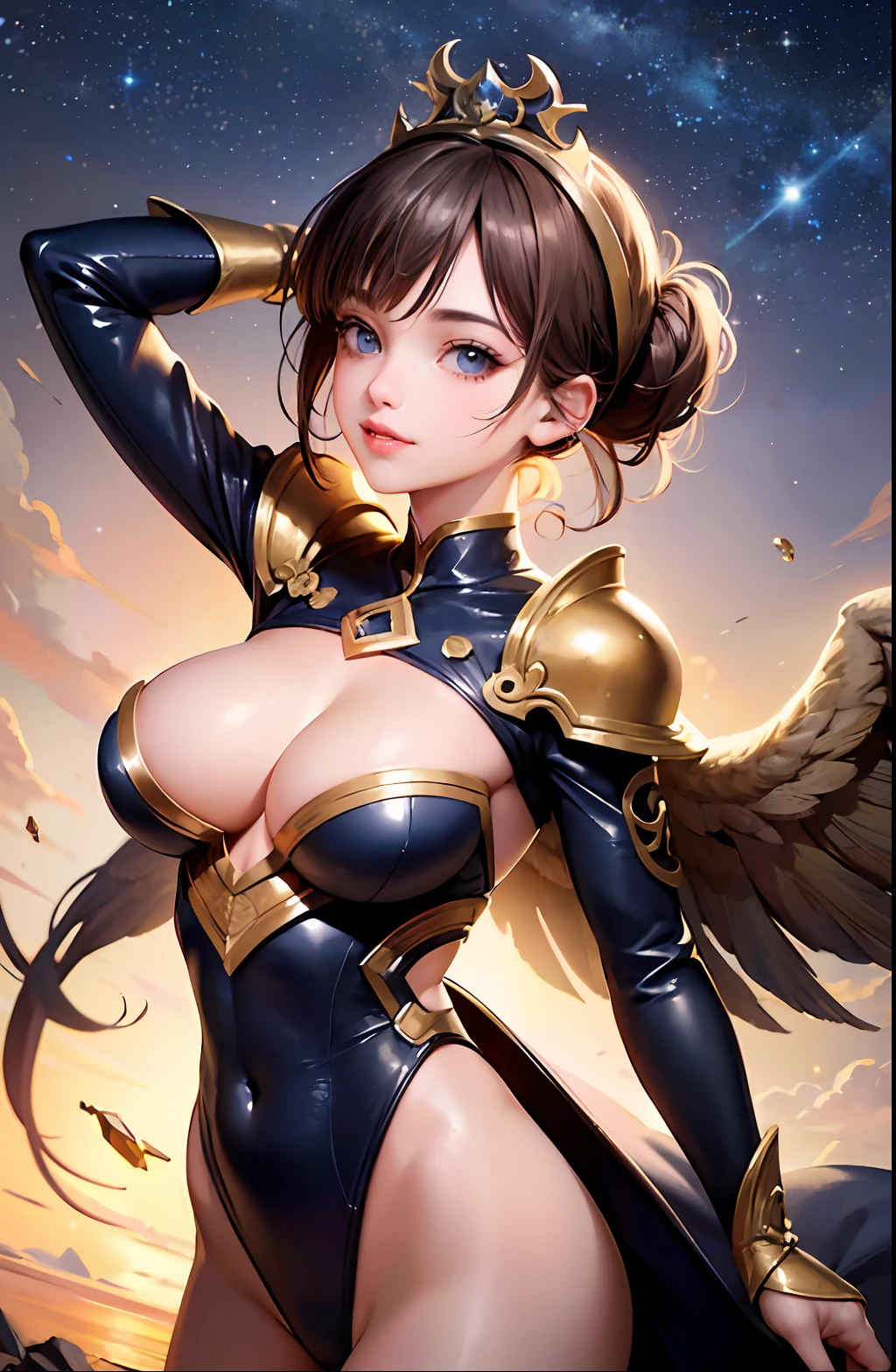 ((Best Quality, 8k, Sharp Focus, 35mm Lens, Masterpiece: 1.2, Cinematic Light, Ultimate Girl, Highly Detailed Facial Textures, Highly Detailed Facial Textures)), (Leotard Armor: 1.2 ), ( Night village starry sky background: 1.2 ), (circular with wings on head), round face, detailed brown eyes, detailed beauty makeup: 1.2, ultra-detailed skin, [navel], detailed bangs, (detailed Eyes: 1.2), smile, light brown hair tied back, tilted head, from the side
