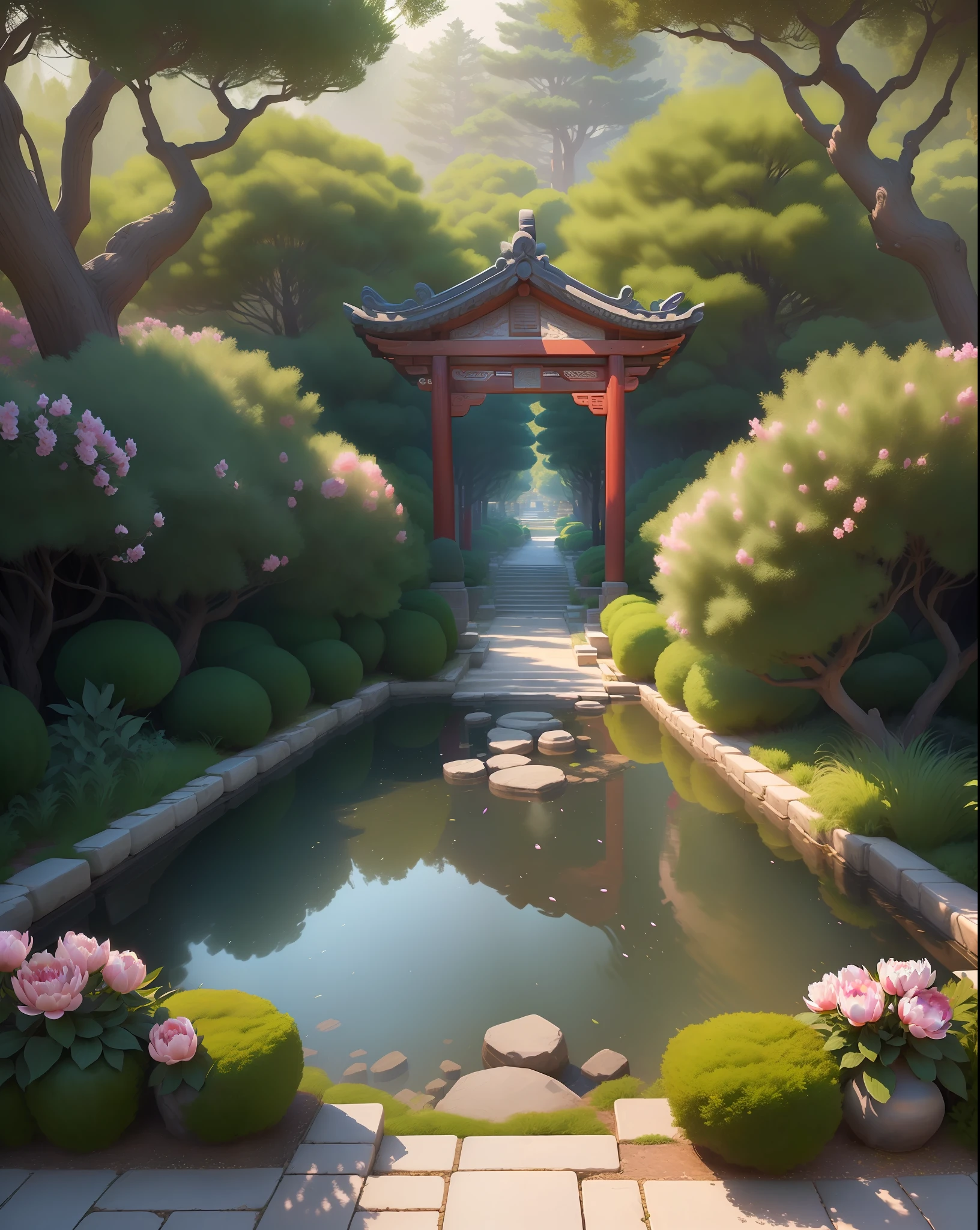 Masterpiece, best quality, (extremely detailed CG unity 8k wallpaper), (best quality), (best illustration), (best shading), ancient Tang dynasty garden, peony garden in the middle, pine forests on both sides , cobblestone road, isometric 3D, octane rendering, ray tracing, super detailed, --v 6
