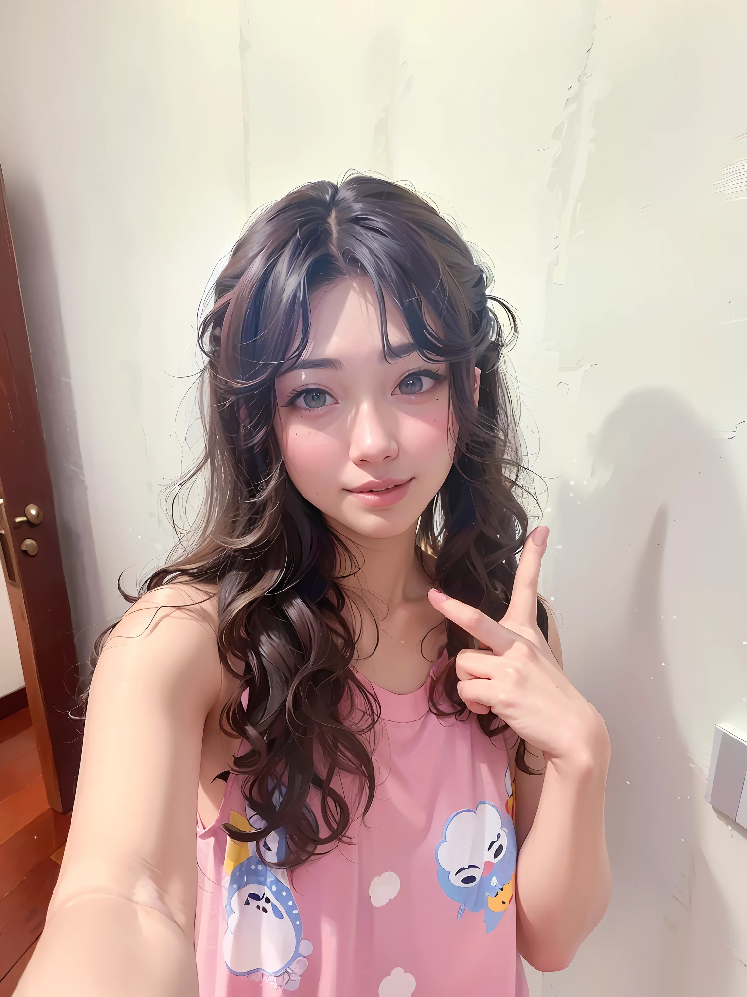 1 girl, solo, posing for a picture in a living room, a picture by Ayami Kojima, tumblr, tachisme, with long curly hair, chiho, with long hair, 奈良美智, 20 years old woman, long messy curly hair, long curly hair, smiling,