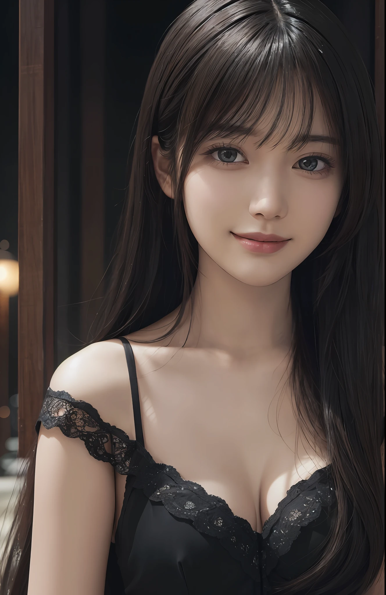 (Ultra Realistic), (Illustration), (Increased Resolution), (8K), (Extremely Detailed), (Best Illustration), (Beautiful and Detailed Eyes), (Best Quality), (Ultra Detailed), (Masterpiece ), ( wallpaper), (detailed face), solo, 1 girl, looking at viewer, fine details, detailed face, in the dark, deep shadows, low key, pureerosfaceace_v1, smiling, long hair, black shawl straight hair , 46 points oblique bangs