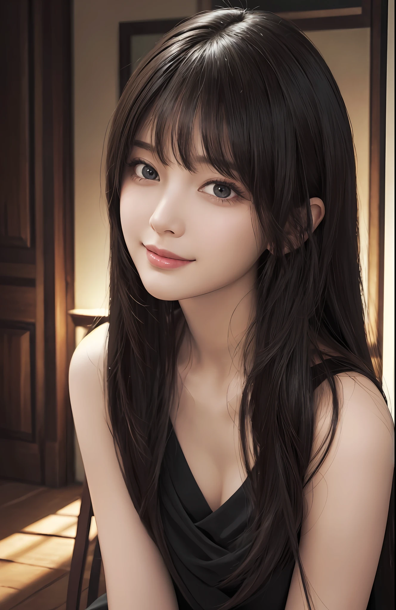 (Ultra Realistic), (Illustration), (Increased Resolution), (8K), (Extremely Detailed), (Best Illustration), (Beautiful and Detailed Eyes), (Best Quality), (Ultra Detailed), (Masterpiece ), ( wallpaper), (detailed face), solo, 1 girl, looking at viewer, fine details, detailed face, in the dark, deep shadows, low key, pureerosfaceace_v1, smiling, long hair, black shawl straight hair , 46 points oblique bangs