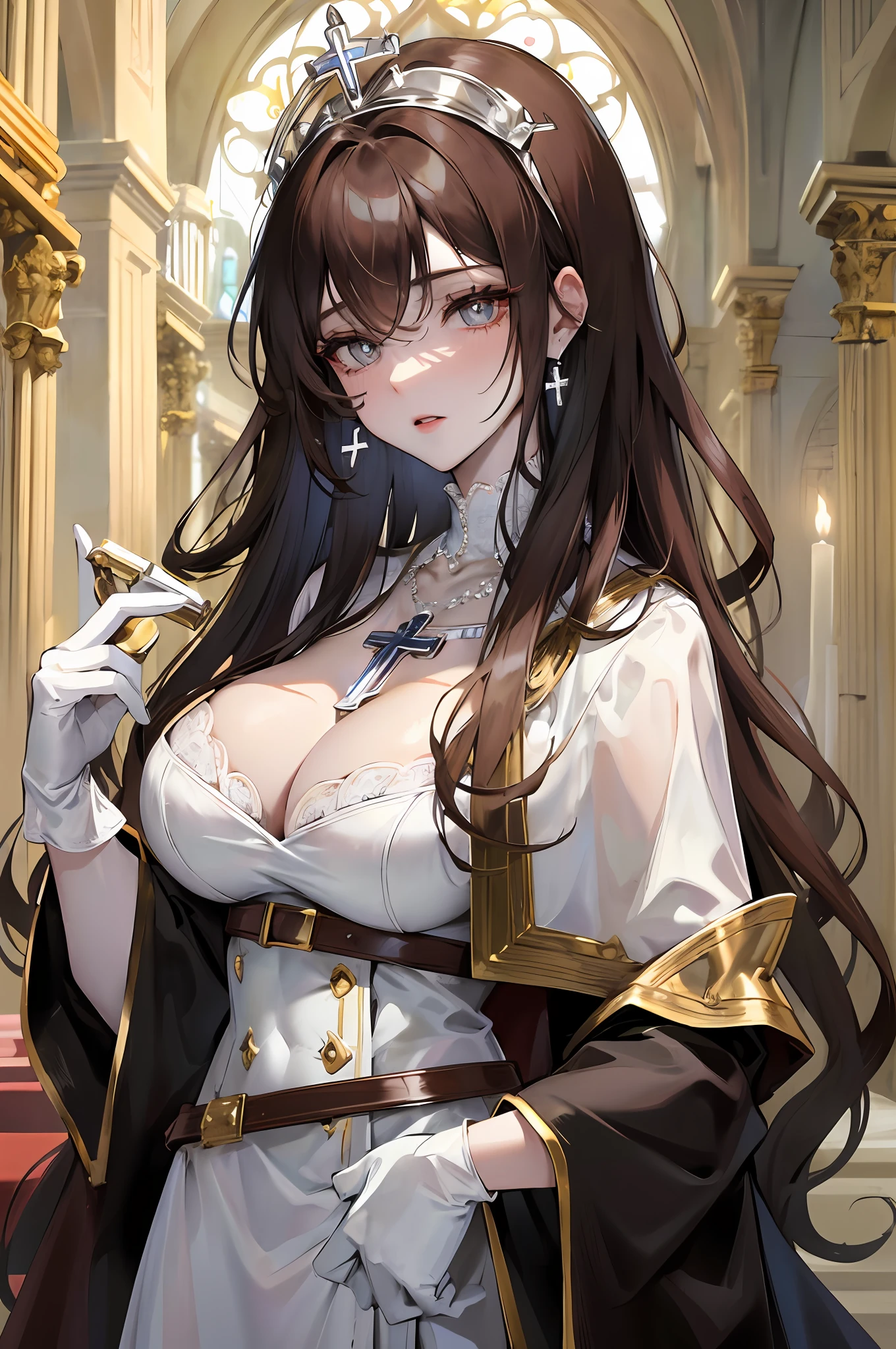 virgin, goddess, priest, masterpiece, best quality, super detailed, illustration, super detailed face, best face, loving, 50 years old, milf, 1girl, pale skin, medieval, church, oversized breasts, big buttocks, seduction, nursing, mother, mother, black pupils, tenderness, human savior, devout believer, tiara, white robe, scepter, white silk underwear, white coat, white silk gloves, simple pattern, cross necklace, brown curls, earrings, cloth belt, white cape, incarnation of God, Intricate details