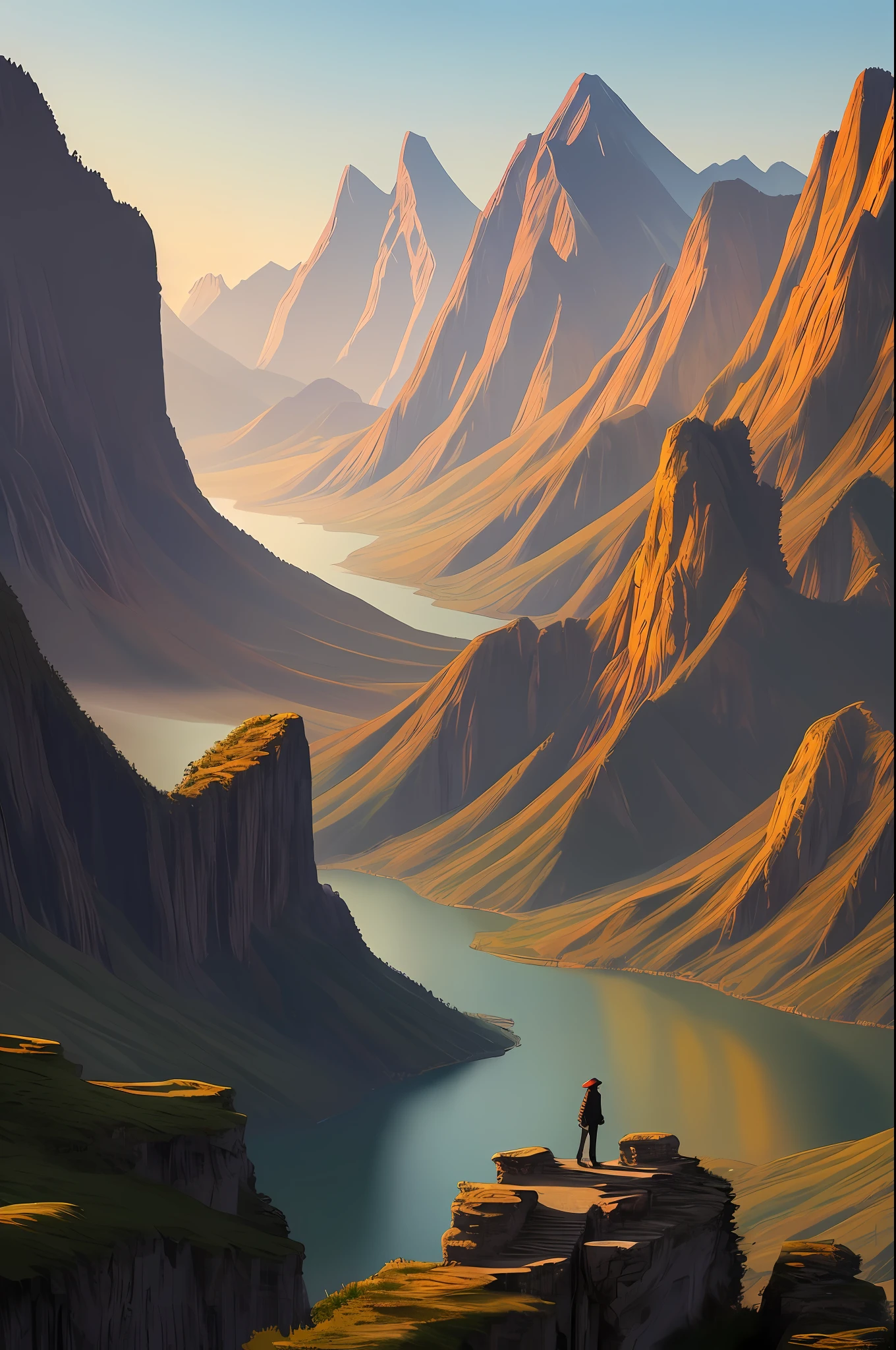 A highly detailed anime illustration,
landscape, chineese mountain,
vintage, dreamy,  drawing, trending on artstation, UHD, (((by Quentin de Warren))):1.8, atmosphere, luminosity
