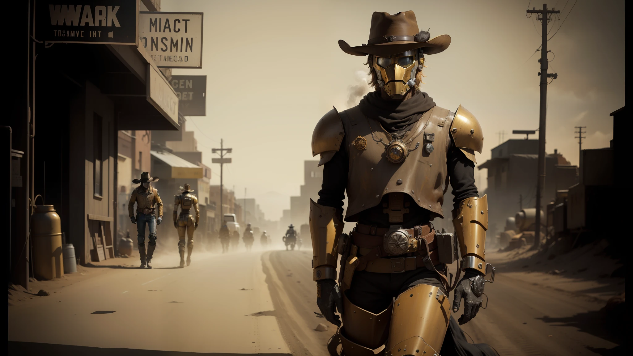 there is a man in a cowboy outfit and hat standing on the street, the golden humanoid robot, cinematic style photograph, walking the wild west wastelands, black-and-white photography, rusty armor, traveller, smoke and dust, mechabot, character mashup, sectoid --auto --s2
