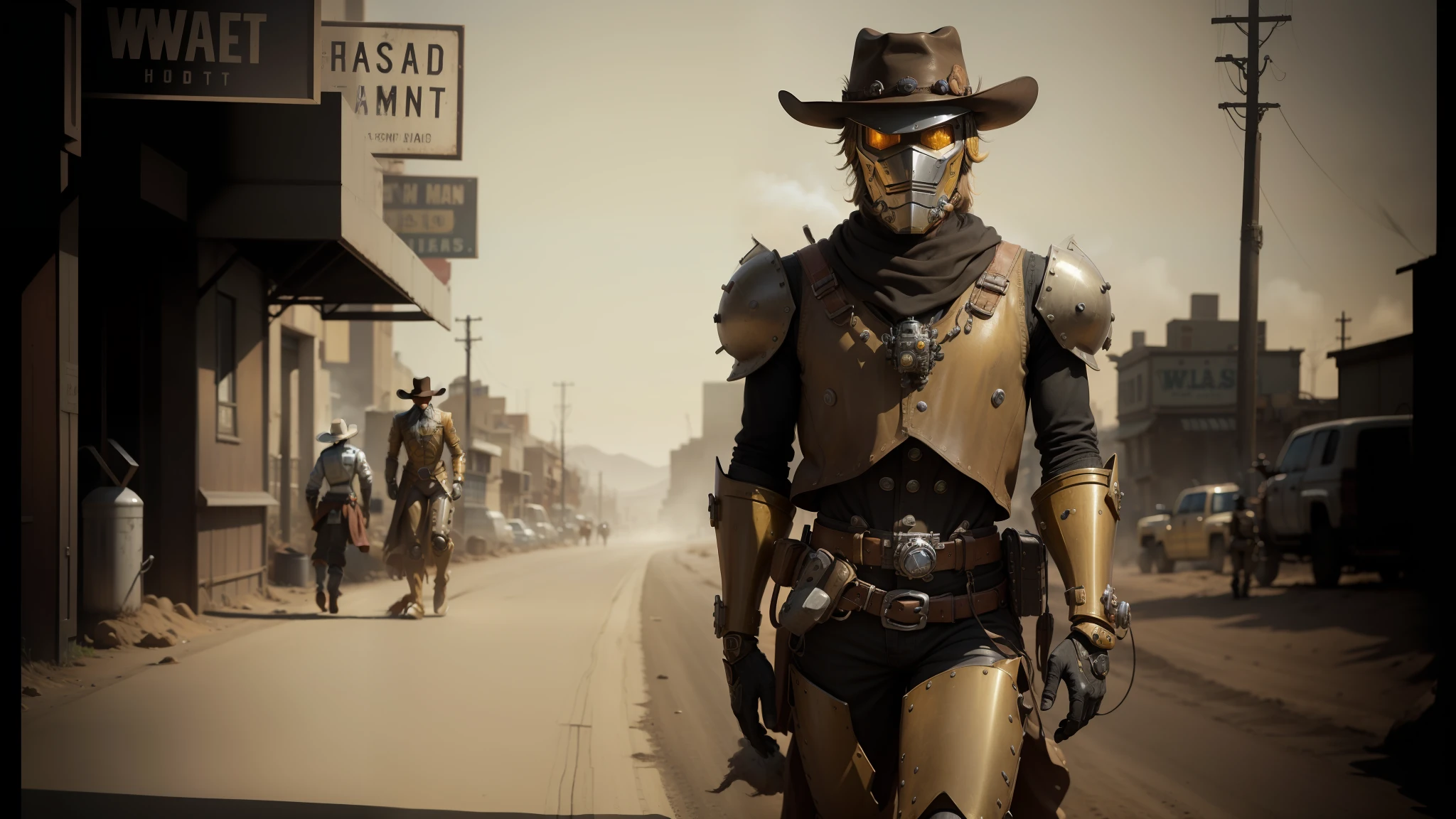 there is a man in a cowboy outfit and hat standing on the street, the golden humanoid robot, cinematic style photograph, walking the wild west wastelands, black-and-white photography, rusty armor, traveller, smoke and dust, mechabot, character mashup, sectoid --auto --s2