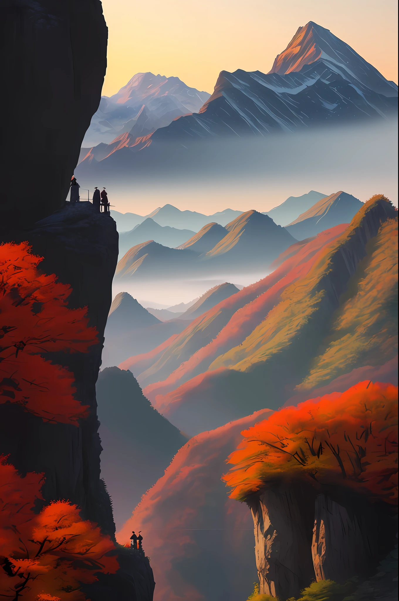 A highly detailed anime illustration,
landscape, chineese mountain,
vintage, dreamy,  drawing, trending on artstation, UHD, (((by Quentin de Warren))):1.8, atmosphere, luminosity