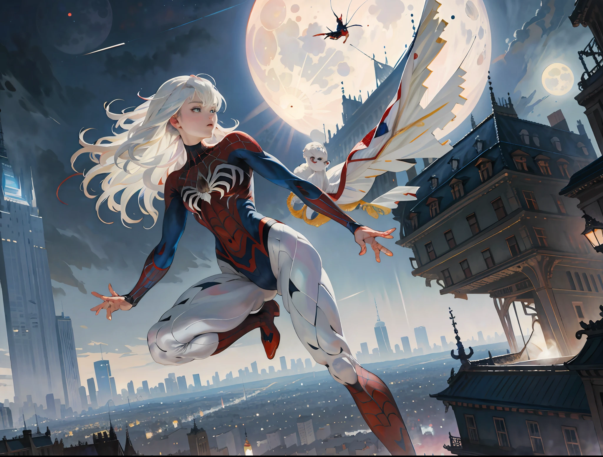 (Masterpiece, 4k resolution, ultra-realistic, very detailed), (White superhero theme, charismatic, there's a girl on top of town, wearing Spider-Man costume, she's a superhero), [ ((25 years), (long white hair:1.2), full body, (blue eyes:1.2), ((Spider-Man pose),show of strength, jumping from one building to another), ((sandy urban environment):0.8)| (cityscape, at night, dynamic lights), (full moon))] # Explanation: The Prompt mainly describes a 4K painting of ultra-high definition, very realistic, very detailed. It shows a superheroine at the top of the city, wearing a Spider-Man costume. The theme in the painting is a white superhero theme, the female protagonist has long white hair, is 25 years old and her entire body is shown in the painting. In terms of portraying the actions of superheroines, spiders are employed