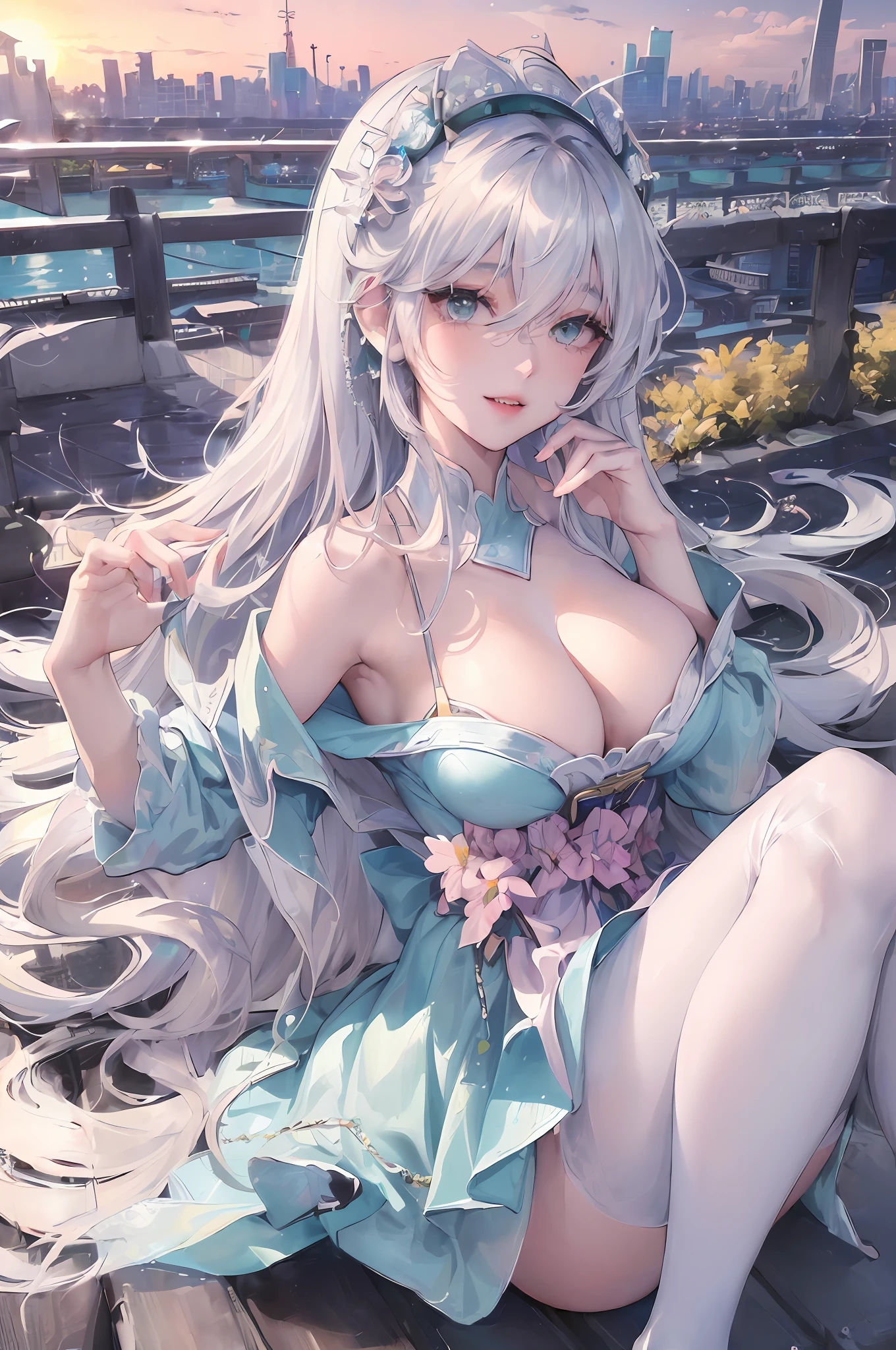 official art, masterpiece, sharp focus, (beautiful gorgeous cute Korean woman:1.3), (beautiful cute korean:1.3), korean beauty, Delicate and beautiful hair and eyes and face, realistic, ultra detailed, beautiful girl, blue sky, glow white particle, (sidelighting:1.2), sun light, white cloud, detailed clouds, slender, Lovely very large breasts and very large hips, smile with teeth, ((smile with eyes, open both eyes)), scenery, long straight hair, sexy facial expression, building, (cityscape:1.7), dynamic hair, very long straight hair, detailed platinum silver hair, glow green eyes, (pink dress: 1.7), white long socks, pale skin, hair ornament, epic scenery,