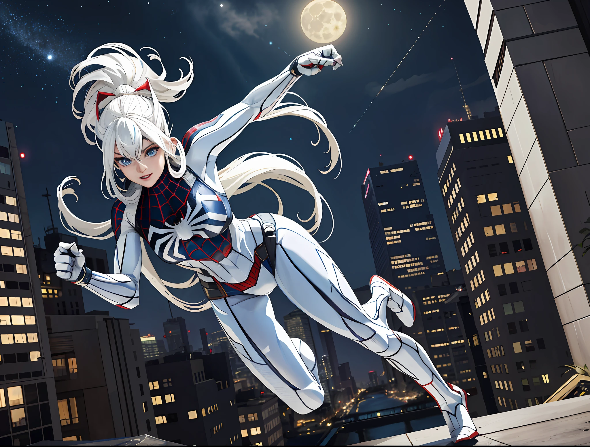 (Masterpiece, 4k resolution, ultra-realistic, very detailed), (White superhero theme, charismatic, there's a girl on top of town, wearing Spider-Man costume, she's a superhero), [ ((25 years), (long white hair:1.2), full body, (blue eyes:1.2), ((Spider-Man pose),show of strength, jumping from one building to another), ((sandy urban environment):0.8)| (cityscape, at night, dynamic lights), (full moon))] # Explanation: The Prompt mainly describes a 4K painting of ultra-high definition, very realistic, very detailed. It shows a superheroine at the top of the city, wearing a Spider-Man costume. The theme in the painting is a white superhero theme, the female protagonist has long white hair, is 25 years old and her entire body is shown in the painting. In terms of portraying the actions of superheroines, spiders are employed