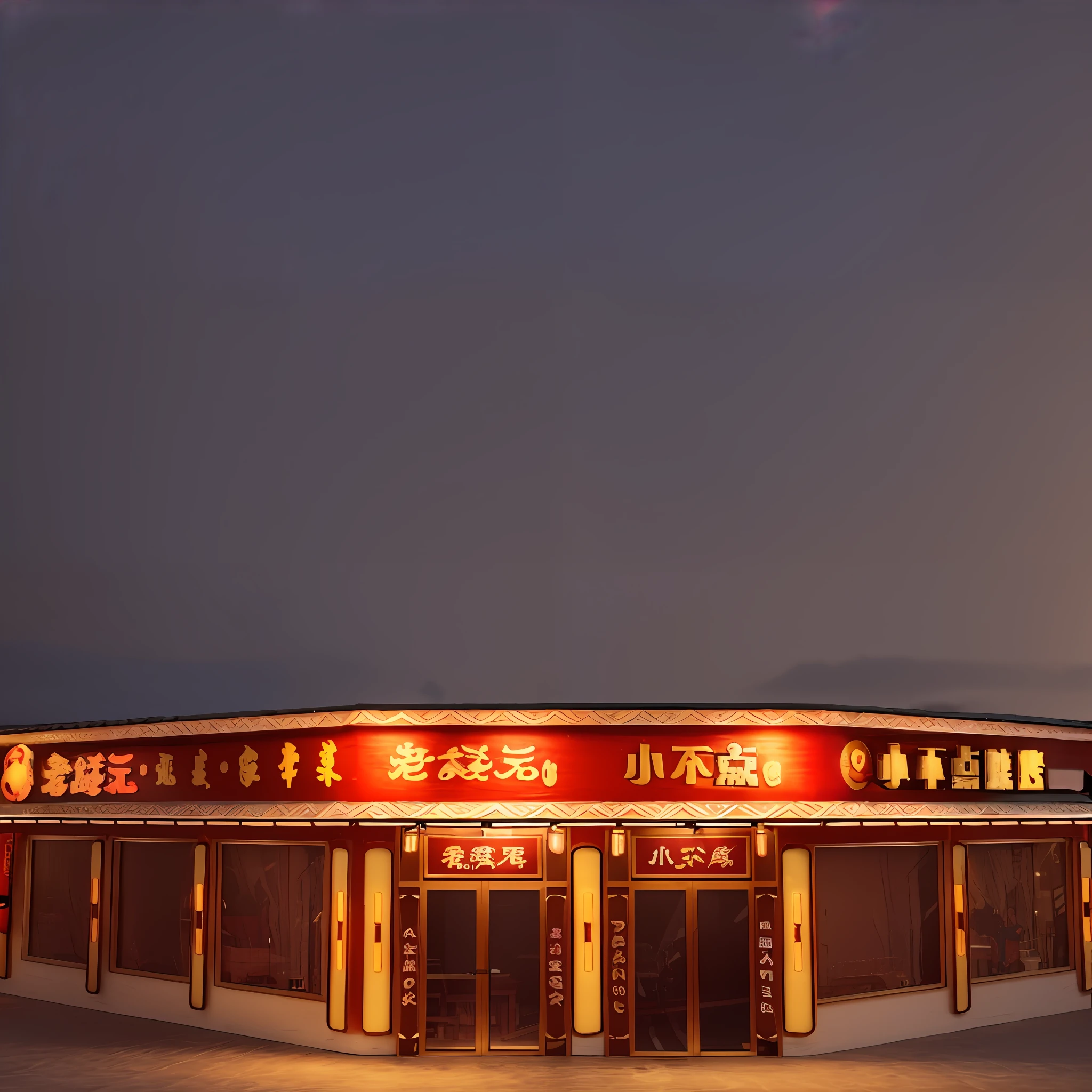 BBQ shop, eaves, ancient buildings, lanterns, food logo, skewer cartoon logo, restaurant outlet, night snack, bright, Chinese restaurant High detail Warm street lamp storefront, quality cinema model, 3D, hot scene, lively, storefront, Chinese architecture