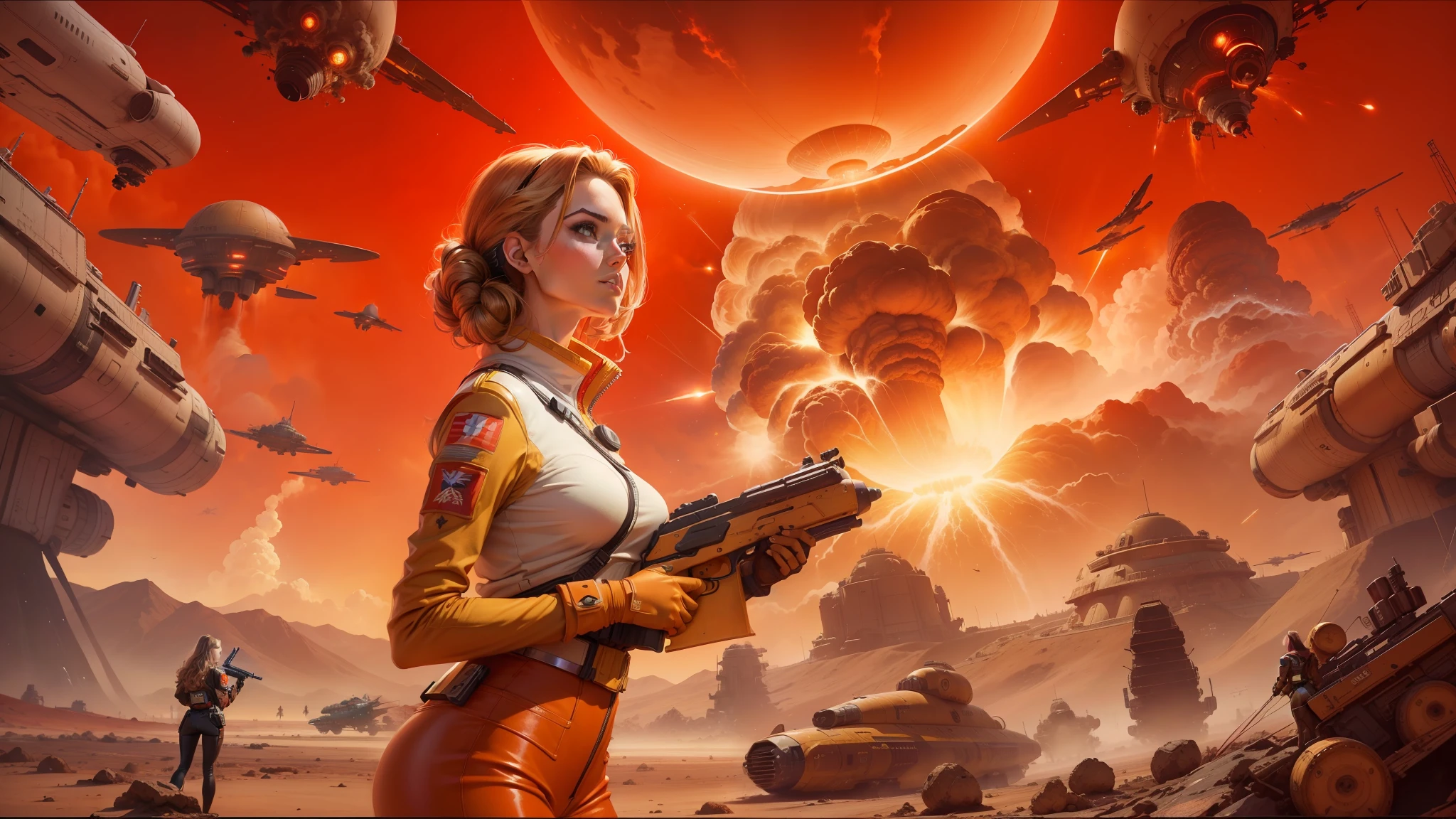 painting of a woman holding a gun in front of a bunch of spaceships, nuclear explosion background, red and brown color scheme, inspired by Laurie Lipton, promotional artwork, computer game art, pulp femme fatale, post - apokalyptic, 2 0 5 0 s, giant golden nuclear hornet, amazing splashscreen artwork, matriarchy --auto --s2
