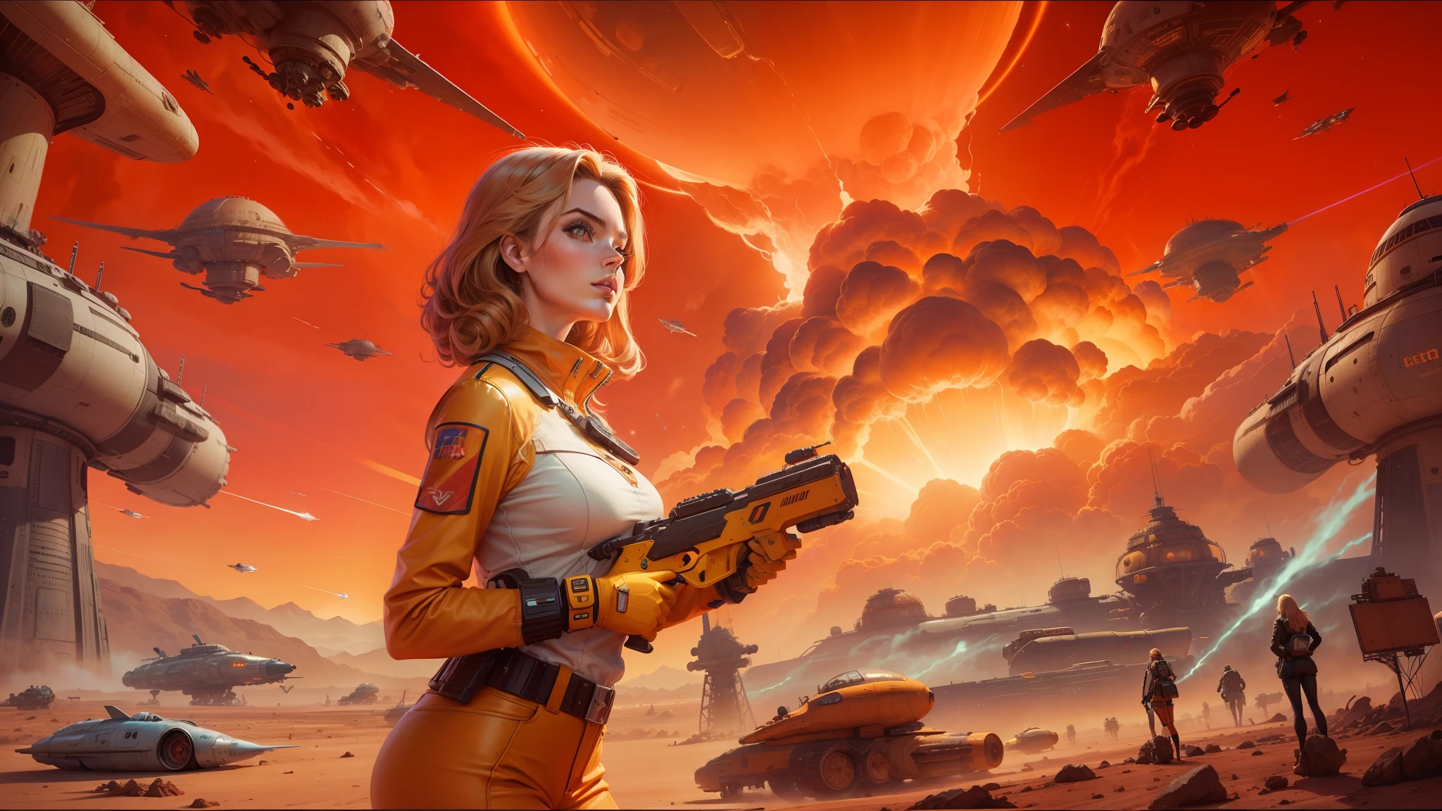 painting of a woman holding a gun in front of a bunch of spaceships, nuclear explosion background, red and brown color scheme, inspired by Laurie Lipton, promotional artwork, computer game art, pulp femme fatale, post - apokalyptic, 2 0 5 0 s, giant golden nuclear hornet, amazing splashscreen artwork, matriarchy --auto --s2