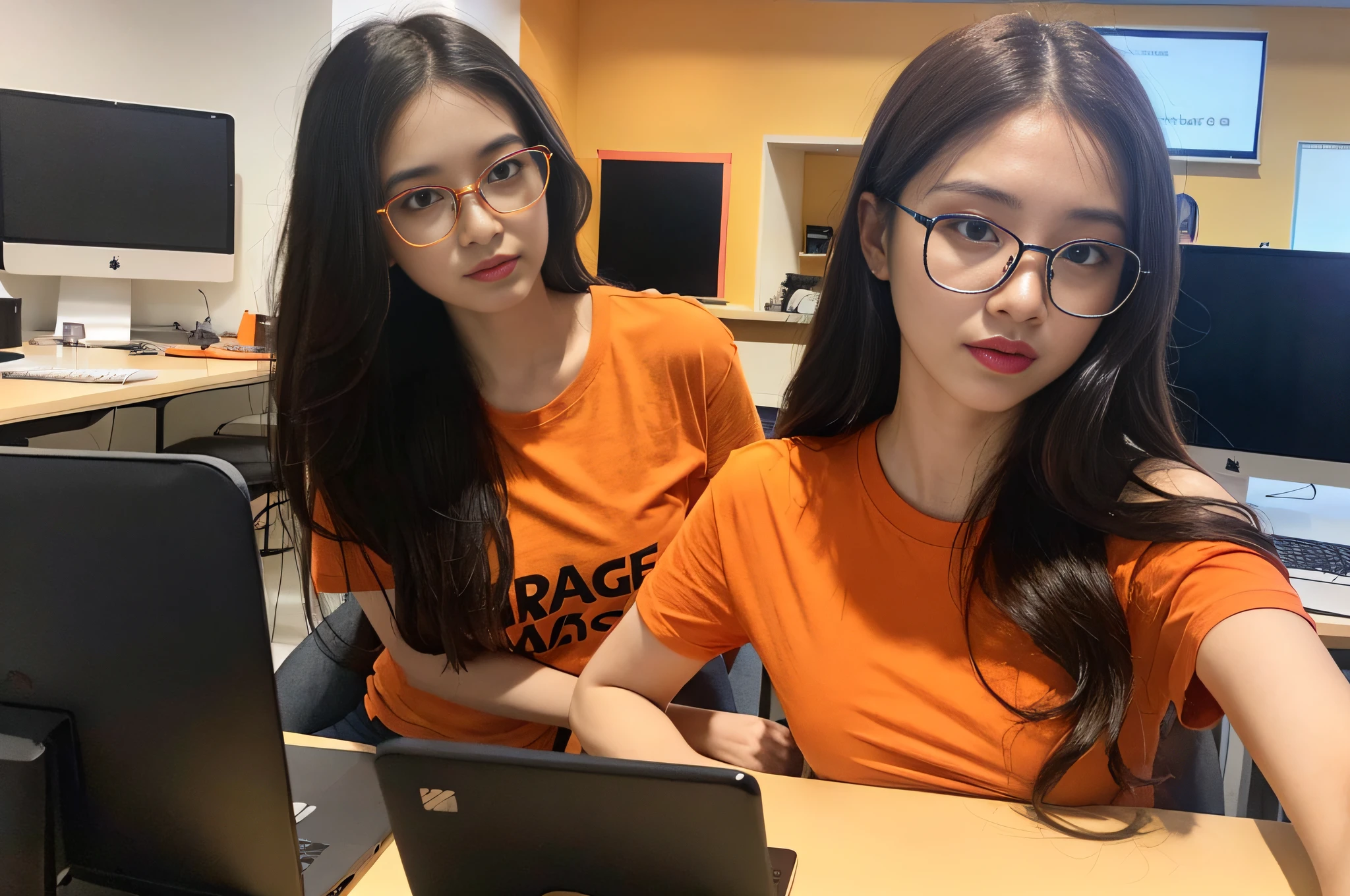 20 year old student girl wearing glasses, sitting next to macbook, ((wearing an orange t-shirt with arcline on the shoulder)), portrait of a pretty office lady, long wavy black hair, detailed face, looing at the viewer, office interior in the background, blurred background, sharp focus, intricate, photographic, award winning photograph, 8k wallpaper, professional studio llghting, trending on artstation,((orange shirt without everything else logo))
