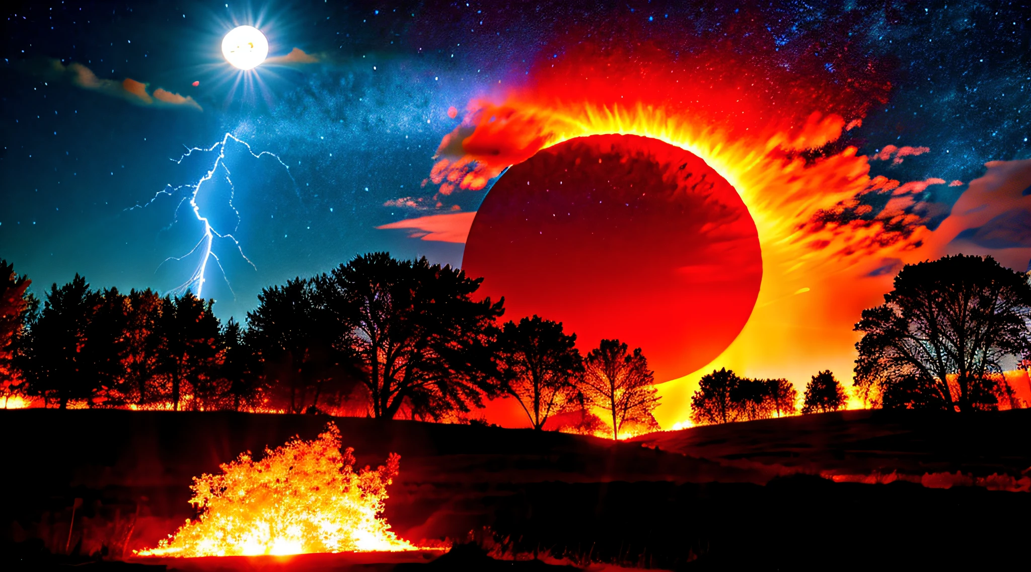 THUNDER, LAVA, LIGHTNING, FIRE, SNOW, SKULLS, APOCALYPSE, WHITE BACKGROUND, MOON AND SUN.
