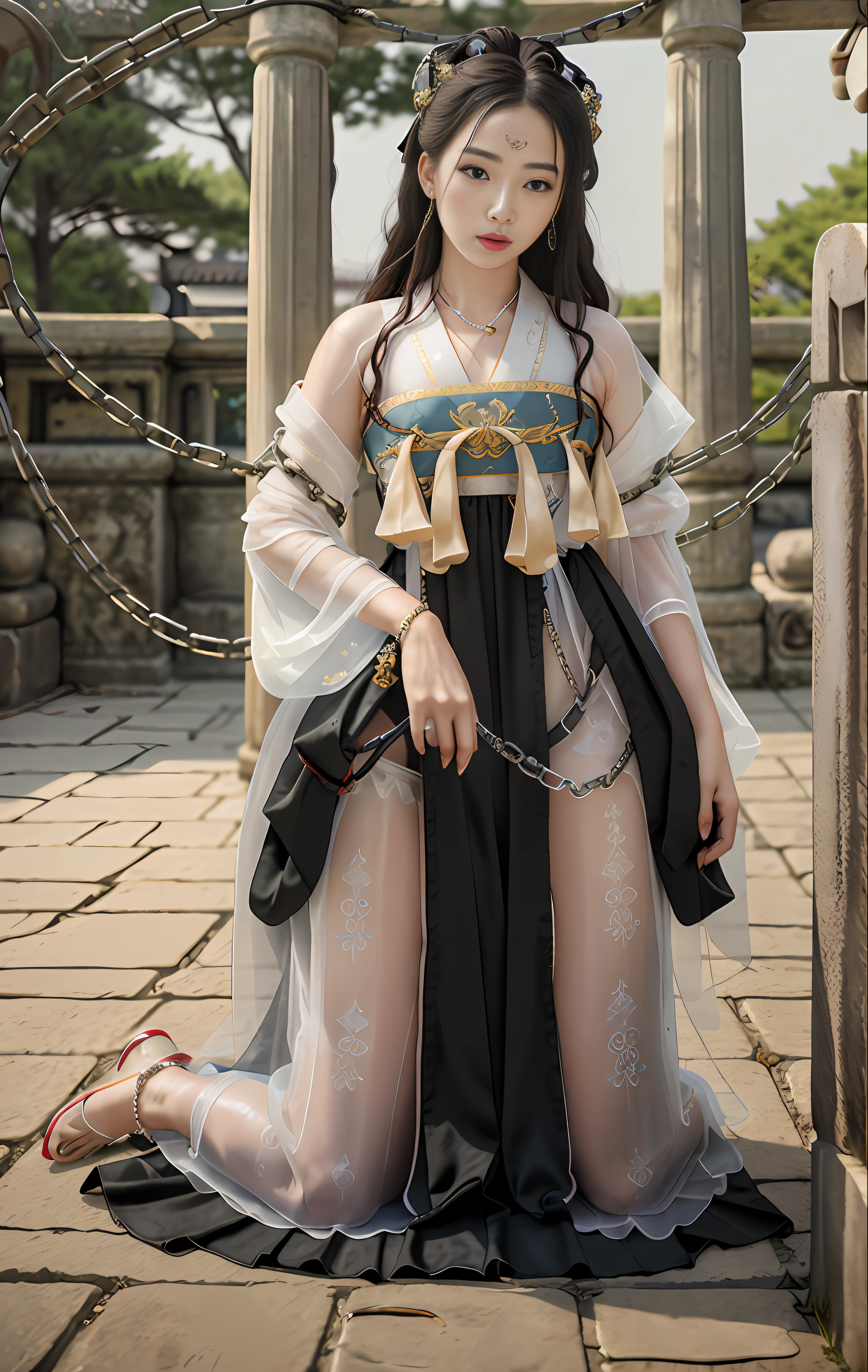 High quality, masterpiece, masterpiece, delicate facial features, delicate hair, delicate eyes, delicate colored hair, 4K picture quality, brilliant light and shadow, tyndall effect, halo, brunette hair, state of youth, chain, big eyes Ancient Chinese beauty, very detailed, (woman kneeling on the ground), (woman with iron chains wrapped around her neck being pulled by men), (woman begging with her hands on the ground) Hanfu, Chinese style, martial arts, sexy, transparent, wet, bare legs, bare breasts, (lift up skirt to expose thighs) bare shoulders, bare buttocks, Open legs, chains, neck rings, handcuffs, leg cuffs, slaves, dog food, (kowtowing for mercy)