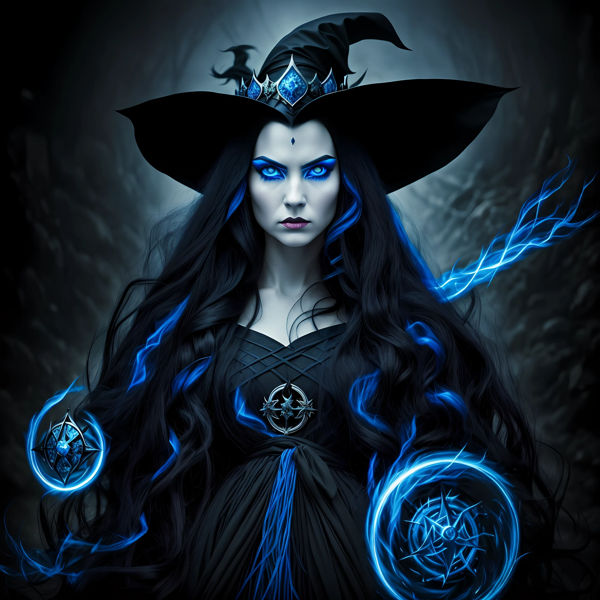 Striking photo of a witch,long black hair,bright blue eye,expression of fury,costumes:black behaved robe,with a crown