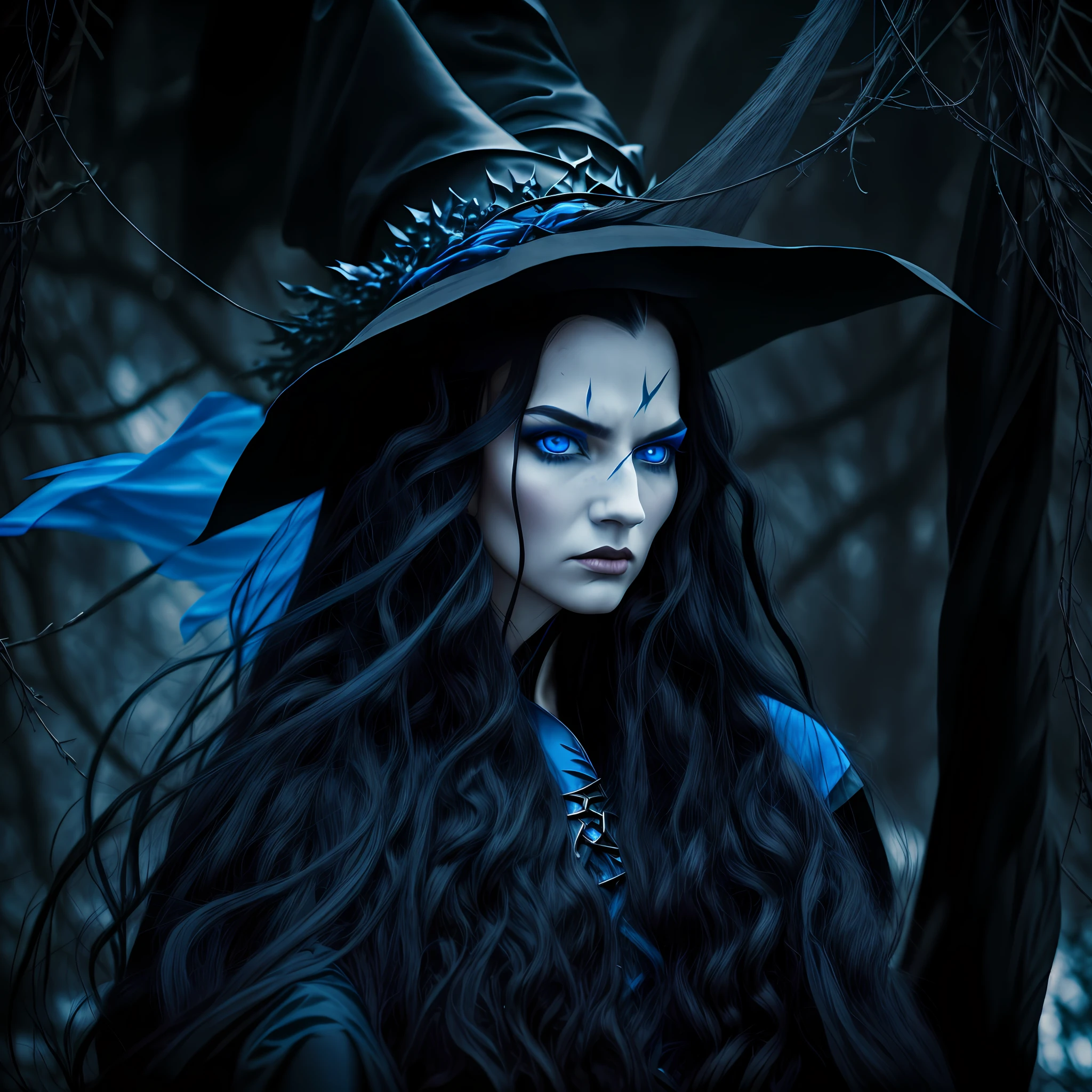 Striking photo of a witch,long black hair,bright blue eye,expression of fury,costumes:black behaved robe,with a crown