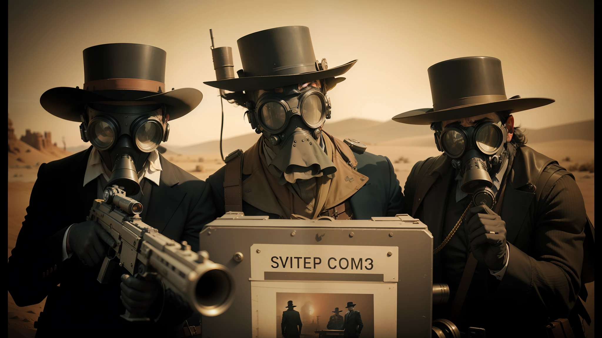 three men in gas masks and top hats holding guns, cinematic effects vfx, plague mask, desert photography, mcu photograph, film still from an cartoon, collodion photography, group portraits, 2013, year 1 9 0 0, 1080s, steamcommunity, 5d mk2, apocaliptic contamination, thomas edgar stevens, '20 --auto --s2