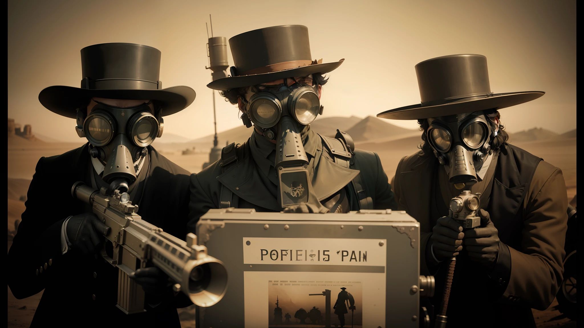 three men in gas masks and top hats holding guns, cinematic effects vfx, plague mask, desert photography, mcu photograph, film still from an cartoon, collodion photography, group portraits, 2013, year 1 9 0 0, 1080s, steamcommunity, 5d mk2, apocaliptic contamination, thomas edgar stevens, '20 --auto --s2