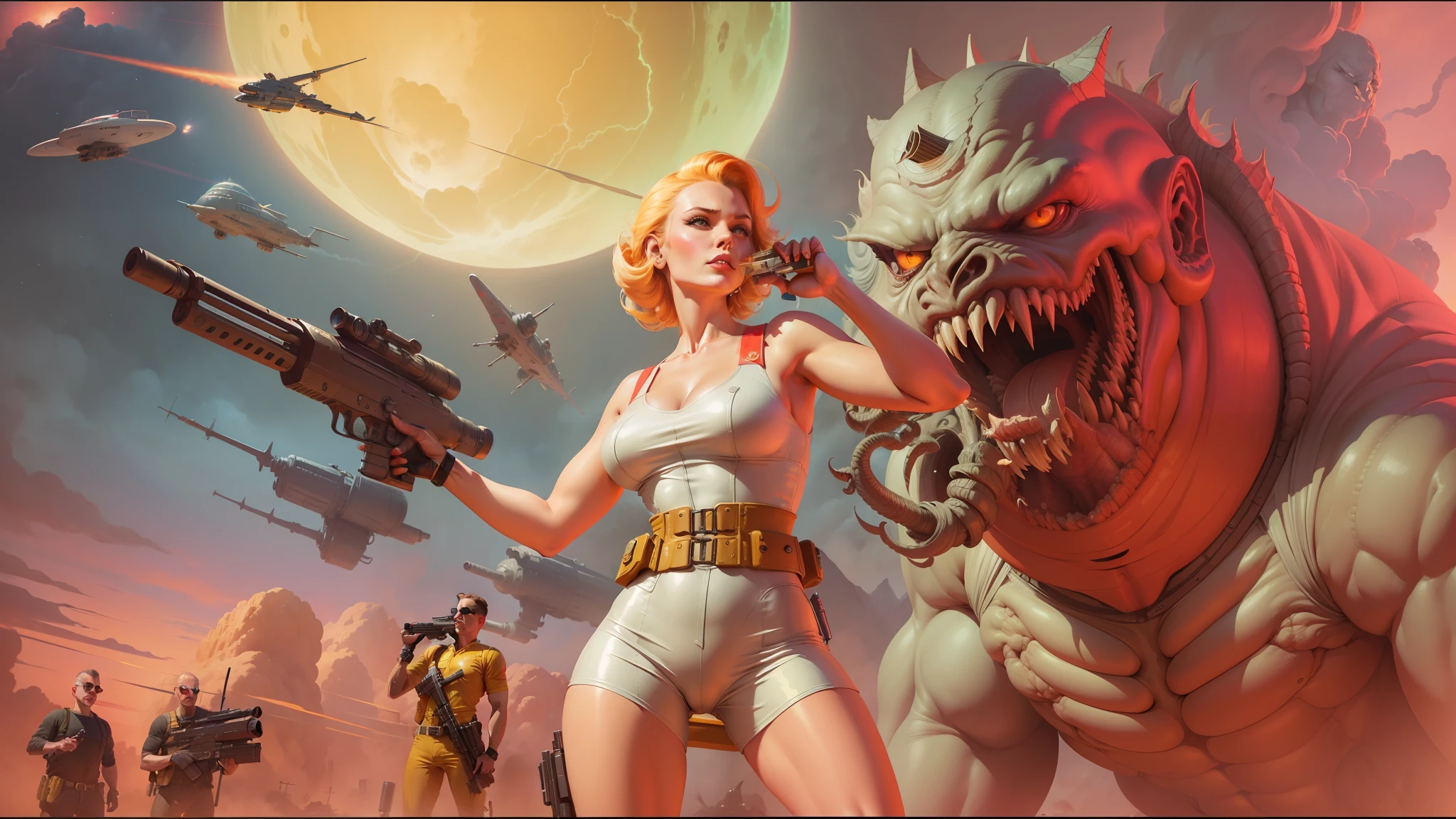 there is a woman holding a gun in front of a giant monster, retro futuristic illustration, hi - fructose art magazine, inspired by James Montgomery Flagg, amazing space creature 4 k, inspired by Gil Elvgren, 4k restoration, atomic stars, tom whalen 8 k, 2070s --auto --s2