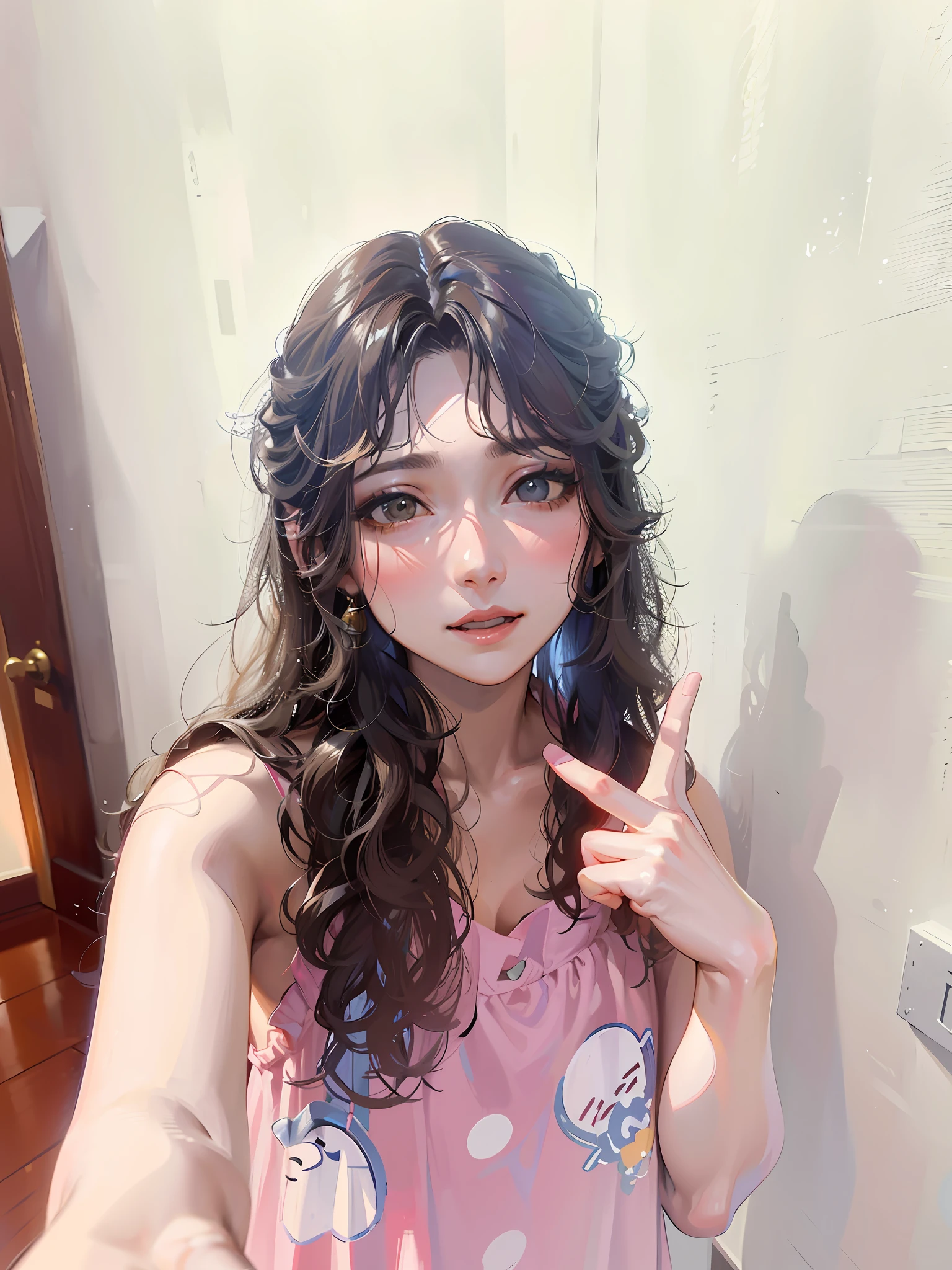 1 girl, solo, posing for a picture in a living room, a picture by Ayami Kojima, tumblr, tachisme, with long curly hair, chiho, with long hair, 奈良美智, 20 years old woman, long messy curly hair, long curly hair, smiling,
