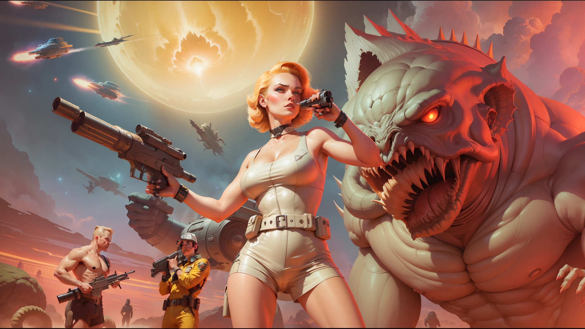 there is a woman holding a gun in front of a giant monster, retro futuristic illustration, hi - fructose art magazine, inspired by James Montgomery Flagg, amazing space creature 4 k, inspired by Gil Elvgren, 4k restoration, atomic stars, tom whalen 8 k, 2070s --auto --s2