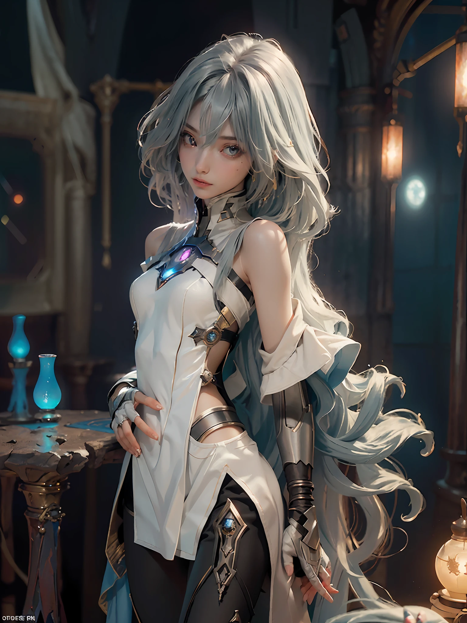 (Best Quality), (Masterpiece), (Details: 1.4), 3D, bust, (Little Girl), (solo), Portrait, (Straight Face), (Front of the Body), (A Beautiful Pixie Loli Image), (Small breasts: 1.3), ((bust)), (upper body), (slender perfect body: 1.2), (perfect face: 1.2), (young face: 1.3), (perfect eyes), (perfect hands), (perfect fingers), (soft and simple hair: 1.5), (simple tight clothes: 1.3), (tight shorts), golden hair, collar, (metal gloves: 1.2), (weapons), chains, in the distant future, the line between science fiction and fantasy has disappeared, and the world is an awesome tapestry of wonder. Enter a universe where magic and technology coexist in harmony and shape the fate of civilization in the vast expanse of space. At the heart of this field is celestial relations, an interstellar center of mysterious energy and technological wonders. Here, arcane knowledge is intertwined with cutting-edge science, giving birth to a society brimmed with the power of ancient spells, while occult arts enhance technology. As a young explorer, embark on a grand adventure destined to unlock the secrets of the celestial bond. As you travel through the uncharted realms of the universe, encounter various civilizations full of creatures with extraordinary abilities. From the ethereal spire of the elves, where the art of traveling across dimensions is perfected, to the cybernetic enclave of the Android Group, witness the tapestry of life where magic and technology intertwine. Unleash your latent power as you adapt to the energy flowing through the Nexus. Take advantage of the ancient spells of forgotten witchcraft to propel your starship through the vast universe. Wield enchanted weapons infused with futuristic enhancements to shape surging energy and engage in epic battles against cosmic abominations and intergalactic tyrants. Uncover the origins of this harmonious blend of magic and technology as you delve into the mysterious realm of celestial relationships. Discover ancient prophecies that