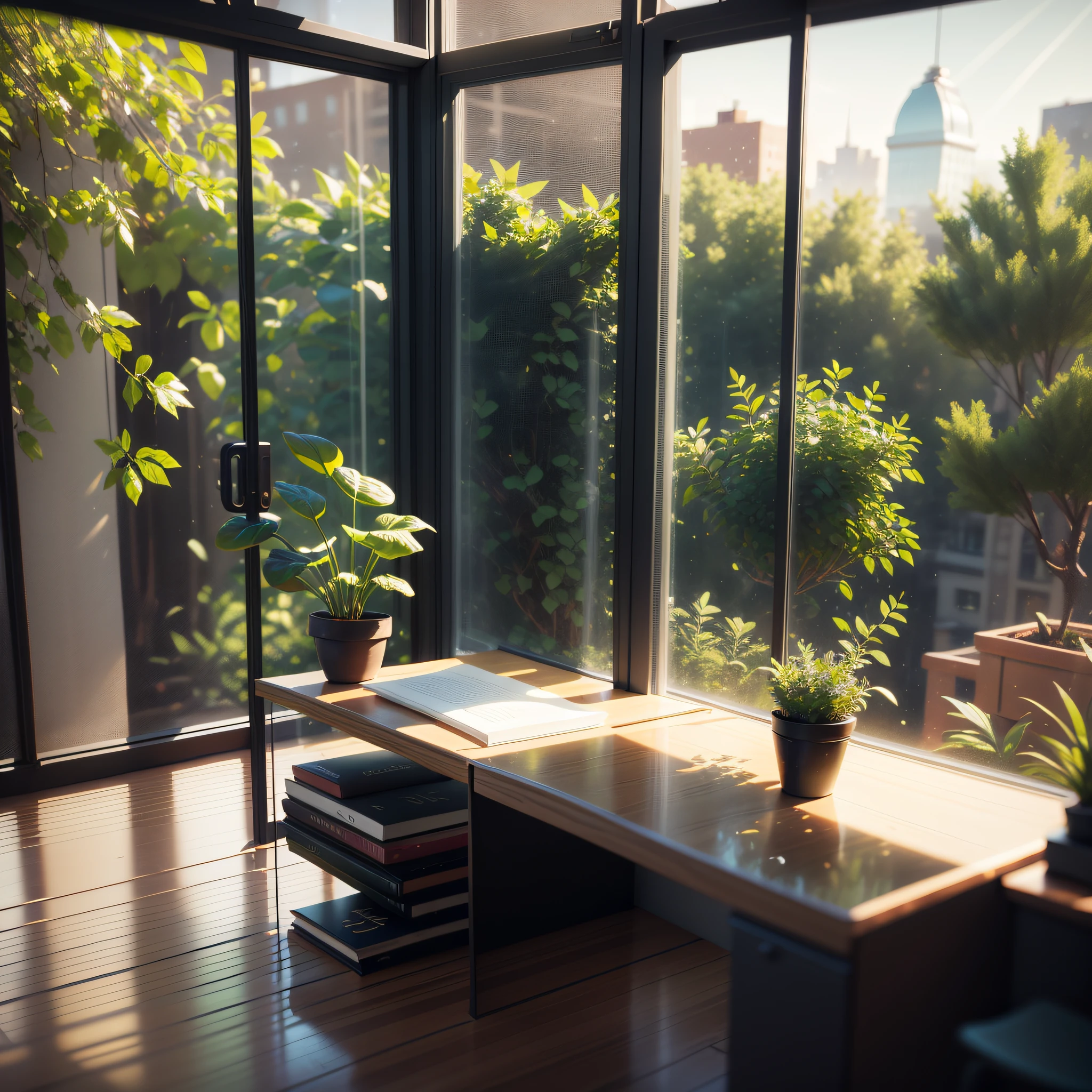There is only a black desk in front of the window, embellished with greenery, realistic morning lighting, realistic soft lighting, volumetric natural light, rendered in V-Ray, daylight made with a blender, rendered in POV-rays, real. Soft lighting, rendered in 3 DSMAX, detailed natural lighting, atmospheric rendering, soft natural volume lighting, realistic office --auto --s2