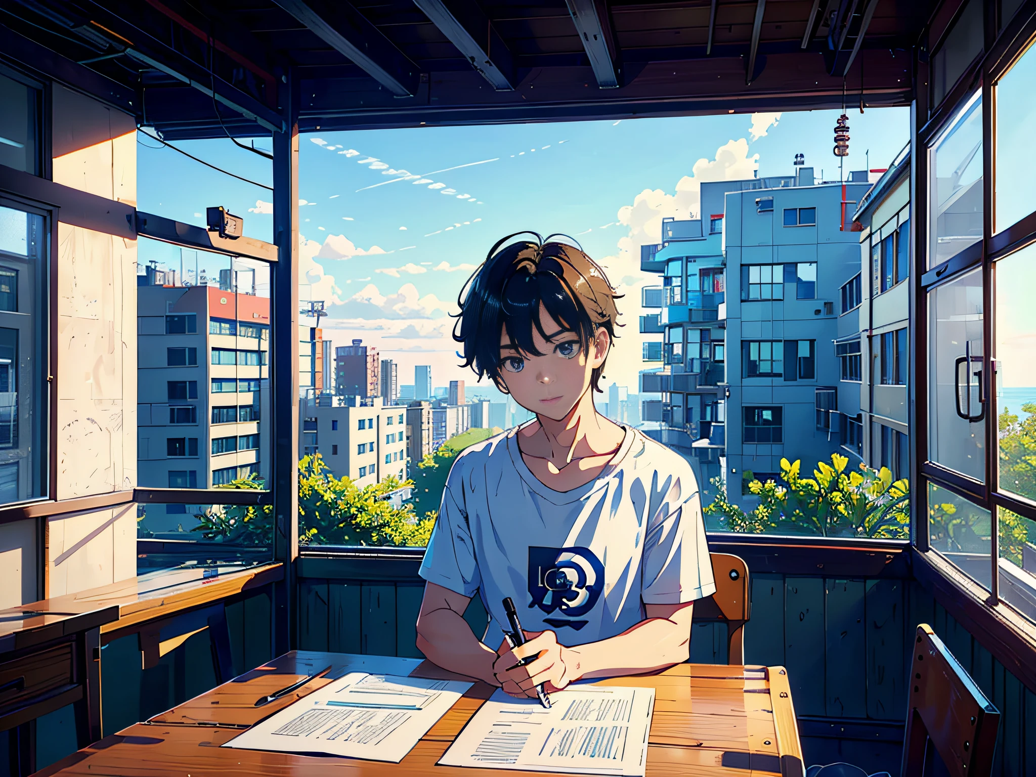 The sun was shining at noon, and a boy was sitting in the classroom, (Boy 1.5) The man is wearing a white T-shirt, the background is in the classroom, sitting on a chair, sitting on a stool, holding a pen in his hand, with a surprised expression, mouth open, front shot, (with paper 1.5), (Money Falling Down in Classroom 2.0) (Money Falling Around: 3.0), the camera mainly features the upper body, (the shot mainly features Money Falling Down in the classroom 3.0), in the Loepfe Art style ((New Sea City), popular in CGStation, Shin Hai Sei H 2160, inspired by Bian Shoumin, Xinhaicheng, Kavassi, Guwitz style, high quality, 4K, 8K, resolution, -auto-s2
