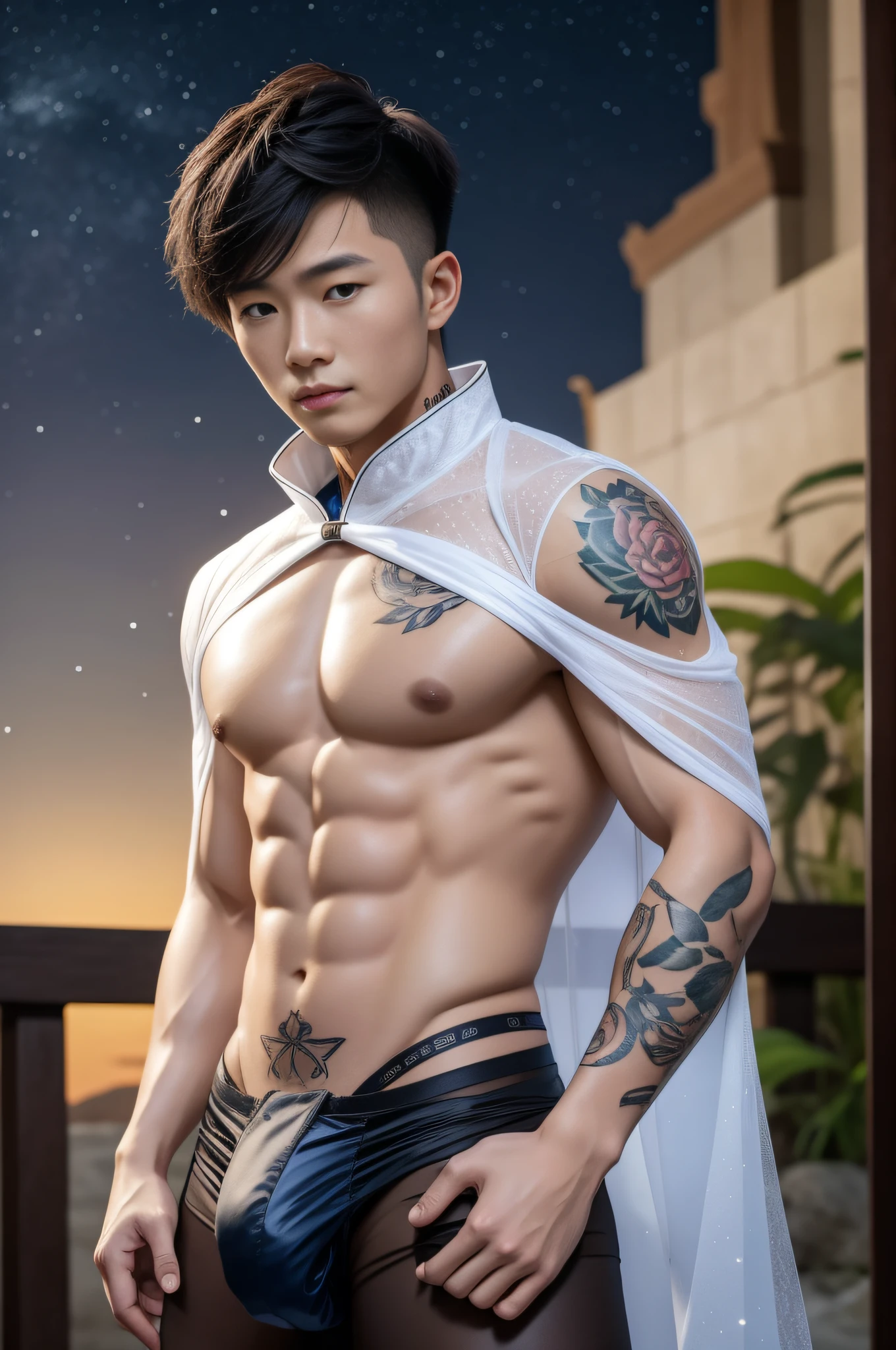 Handsome guy, 25 years old, Asian, master work, best picture quality, higher quality, high detail, super high resolution, 8k resolution, delicate facial features, boy, big muscles, tattoos, glowing eyes, short hair, hair details, [[Look away, look to the side, emphasize homosexuality and pay attention to every detail , open Hanfu transparent tulle jacket, white rubber pants, night, starry sky, flying flowers. Waterfall, mountains, Chinese garden background (((((crotch bulge)))))