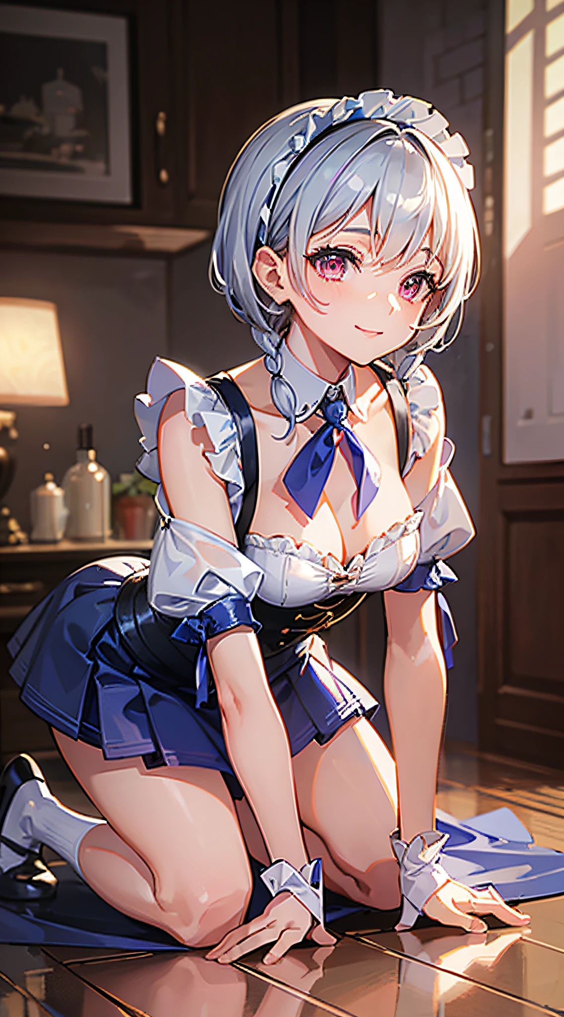 a cheaper and useful girl, deep blue silk Texture maid siut design: short skirt, Waist cincher, Lantern sleeves, all fours on the floor, see ants, smart smile, kitchenscape, Stylish short hair fresh, twin Braids near ears, silver hair, orange-pink eyes