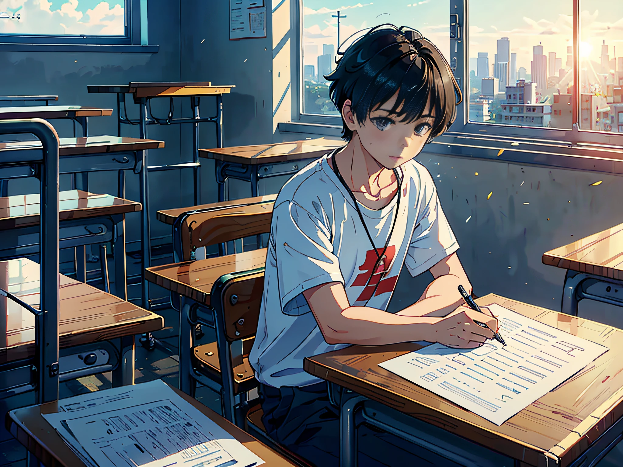 The sun was shining at noon, and a boy was sitting in the classroom, (Boy 1.5) The man is wearing a white T-shirt, the background is in the classroom, sitting on a chair, sitting on a stool, holding a pen in his hand, with a surprised expression, mouth open, front shot, (with paper 1.5), (Money Falling Down in Classroom 2.0) (Money Falling Around: 3.0), the camera mainly features the upper body, (the shot mainly features Money Falling Down in the classroom 3.0), in the Loepfe Art style ((New Sea City), popular in CGStation, Shin Hai Sei H 2160, inspired by Bian Shoumin, Xinhaicheng, Kavassi, Guwitz style, high quality, 4K, 8K, resolution, -auto-s2