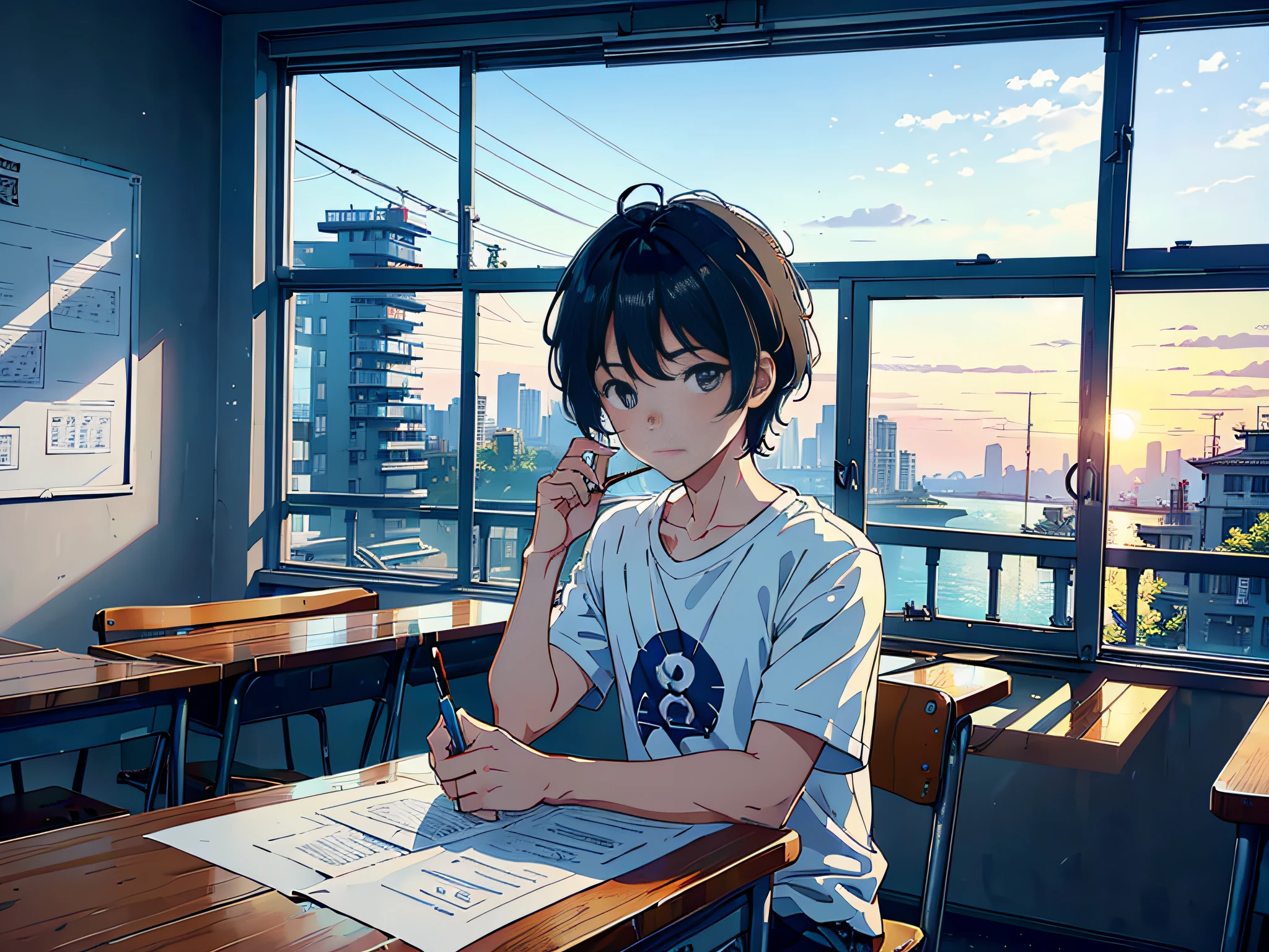 The sun was shining at noon, and a boy was sitting in the classroom, (Boy 1.5) The man is wearing a white T-shirt, the background is in the classroom, sitting on a chair, sitting on a stool, holding a pen in his hand, with a surprised expression, mouth open, front shot, (with paper 1.5), (Money Falling Down in Classroom 2.0) (Money Falling Around: 3.0), the camera mainly features the upper body, (the shot mainly features Money Falling Down in the classroom 3.0), in the Loepfe Art style ((New Sea City), popular in CGStation, Shin Hai Sei H 2160, inspired by Bian Shoumin, Xinhaicheng, Kavassi, Guwitz style, high quality, 4K, 8K, resolution, -auto-s2