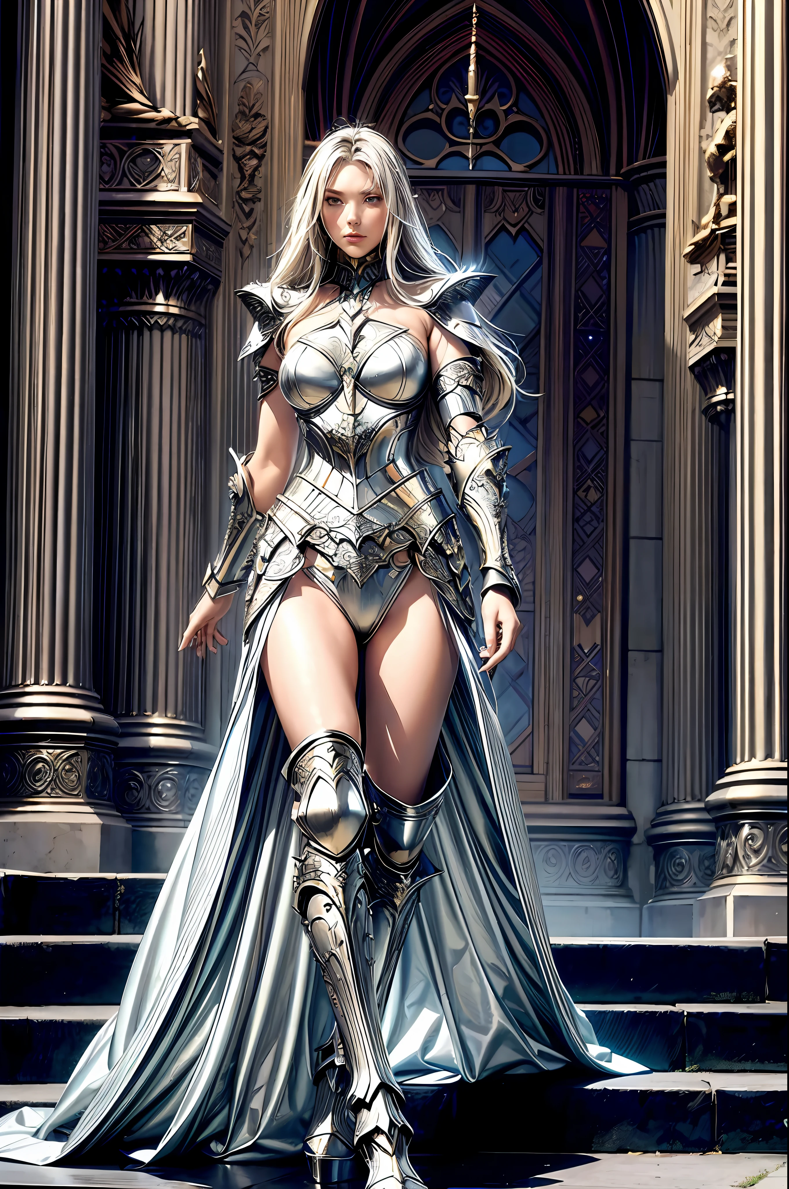 arafed woman in armor walking down a set of steps, wearing fantasy armor, wearing witchblade armor, stunning armor, beautiful armor, of a beautiful female knight, clothed in ethereal battle armor, elven armor, elisha cuthbert as a paladin, wearing ornate armor, with sleek silver armor, fantasy armor, fantasy paladin woman, very stylish fantasy armor