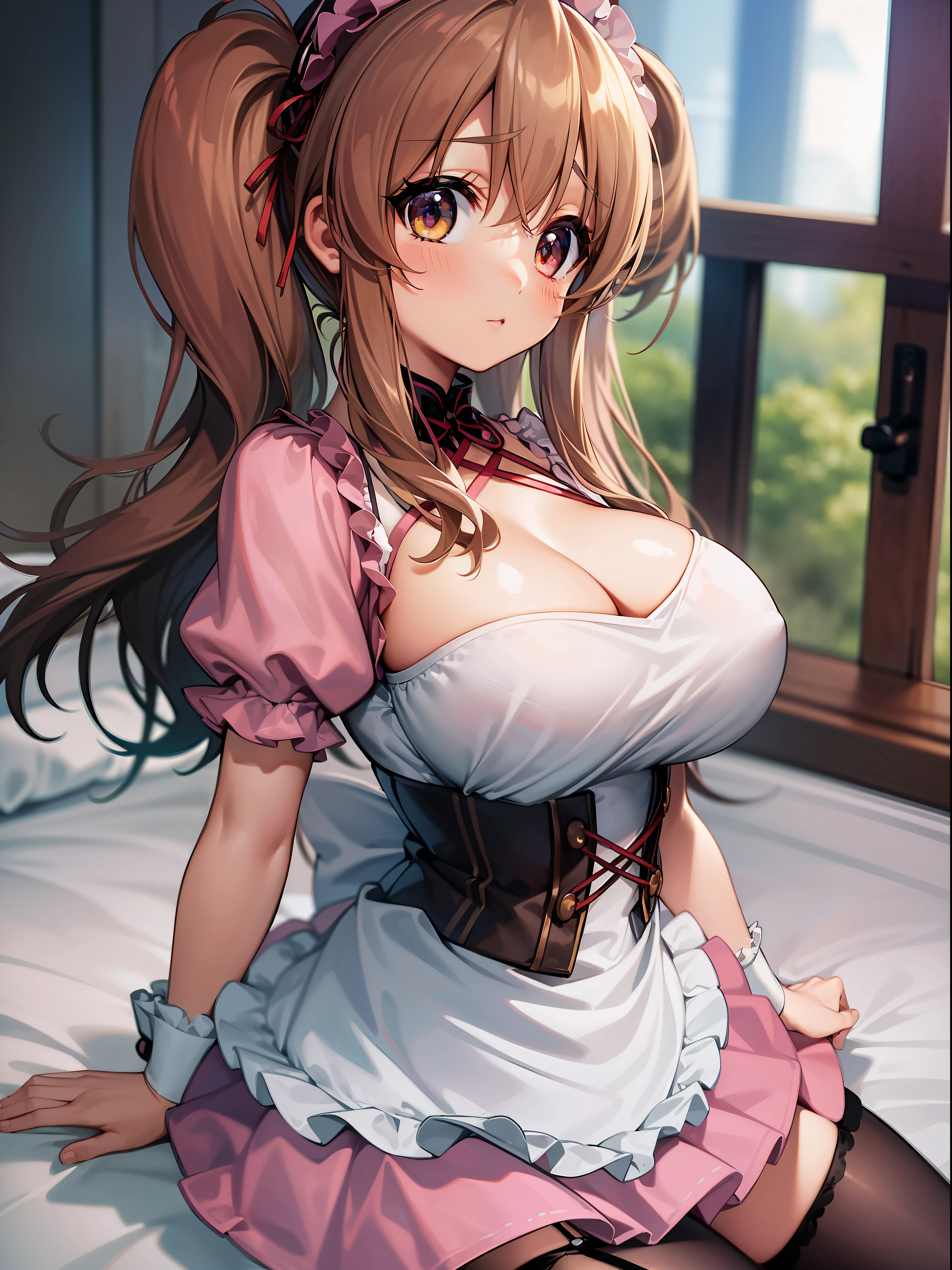 (masterpiece)), ((best quality)), (ultra-detailed), ((kawaii)), cute, (lovely), ((extremely detailed)), 4K, (8K), best quality, (beautiful), full body, teenage, solo, ((gigantic breasts)), (((sagging breasts))), armpits,  ((curvy)), mikuru1, 1girl, asahina mikuru, twintails, solo, large breasts, apron, puffy short sleeves, (name tag:0.9), long hair, corset, waitress, white apron, wrist cuffs, pink dress, frills, bangs, maid, ribbon, from side, on the bed